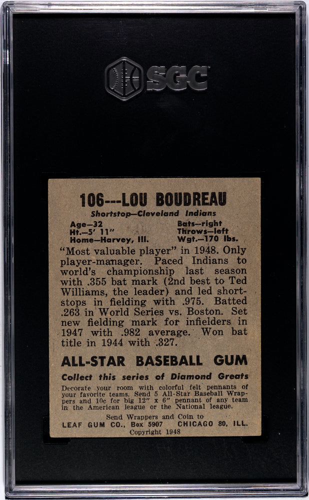 1948-49 Leaf Gum Co. Lou Boudreau #106 SGC 5