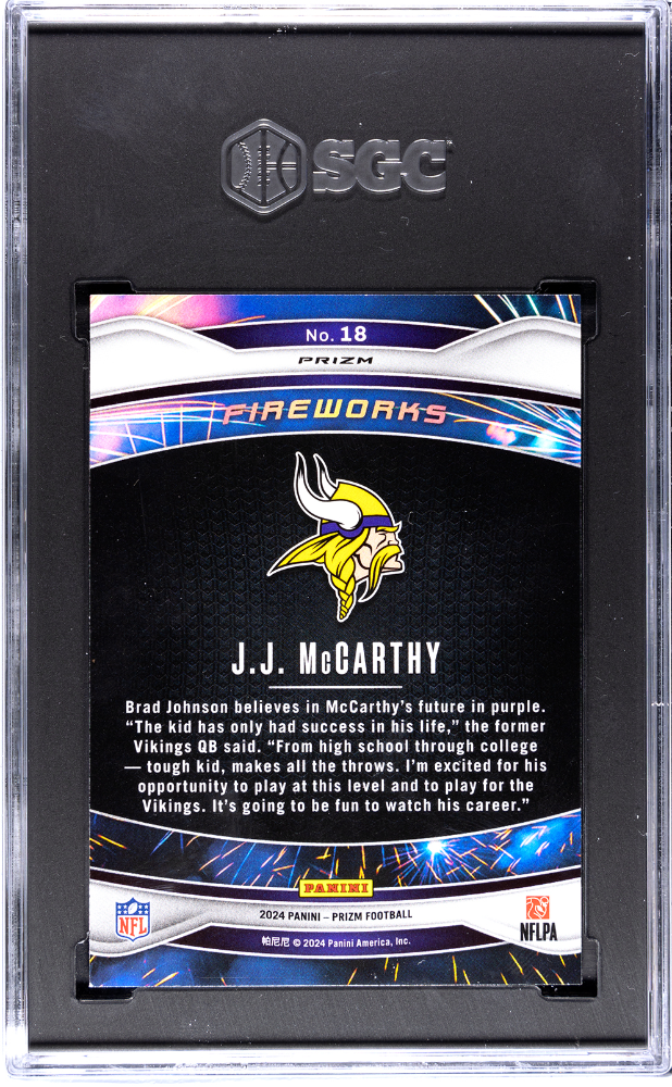 2024 Panini Prizm JJ Mccarthy #18 Fireworks Green Ice SGC 9.5