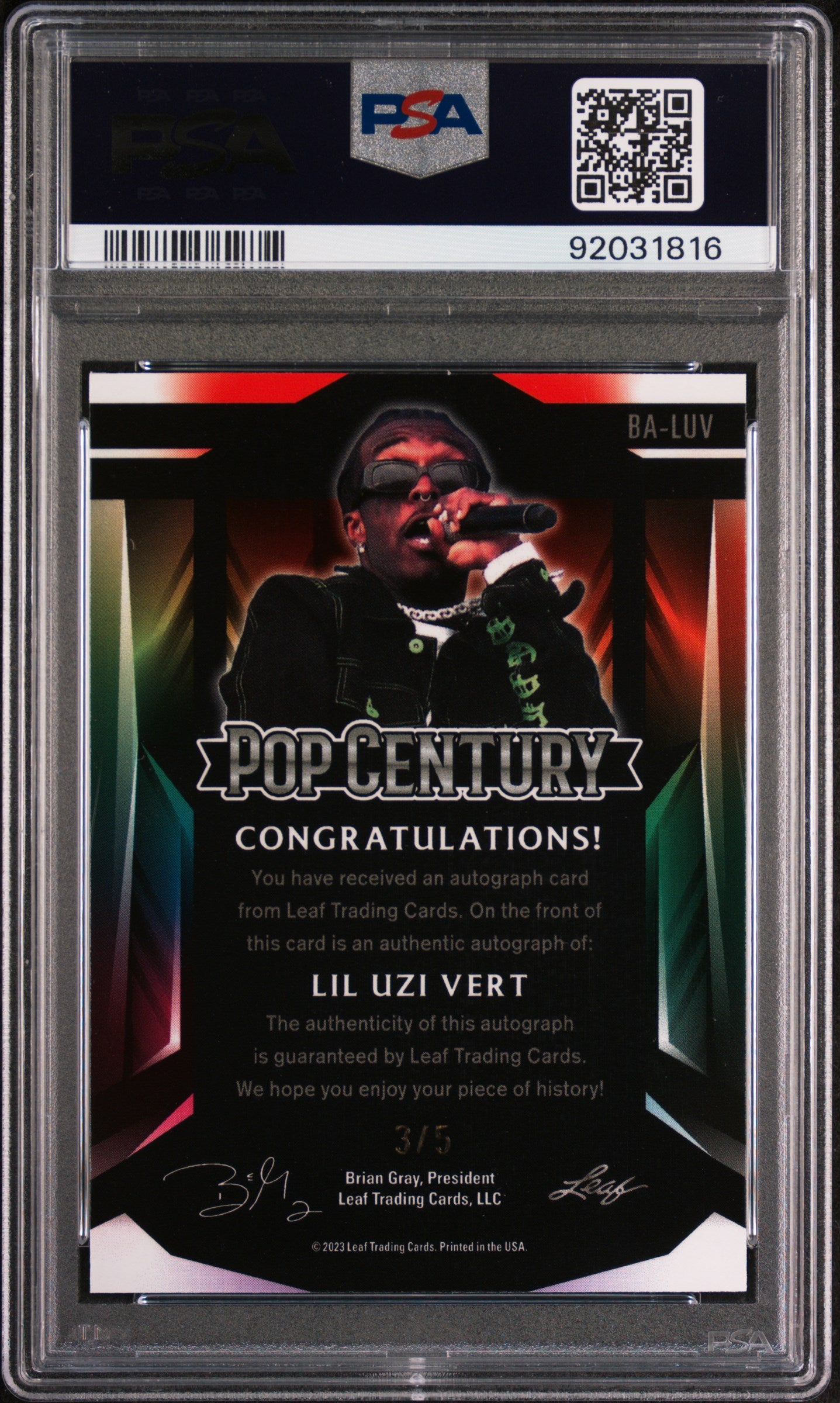 Lil Uzi Vert 2023 Leaf Metal Pop Century Autograph AUTO #3/5 Orange PSA 10