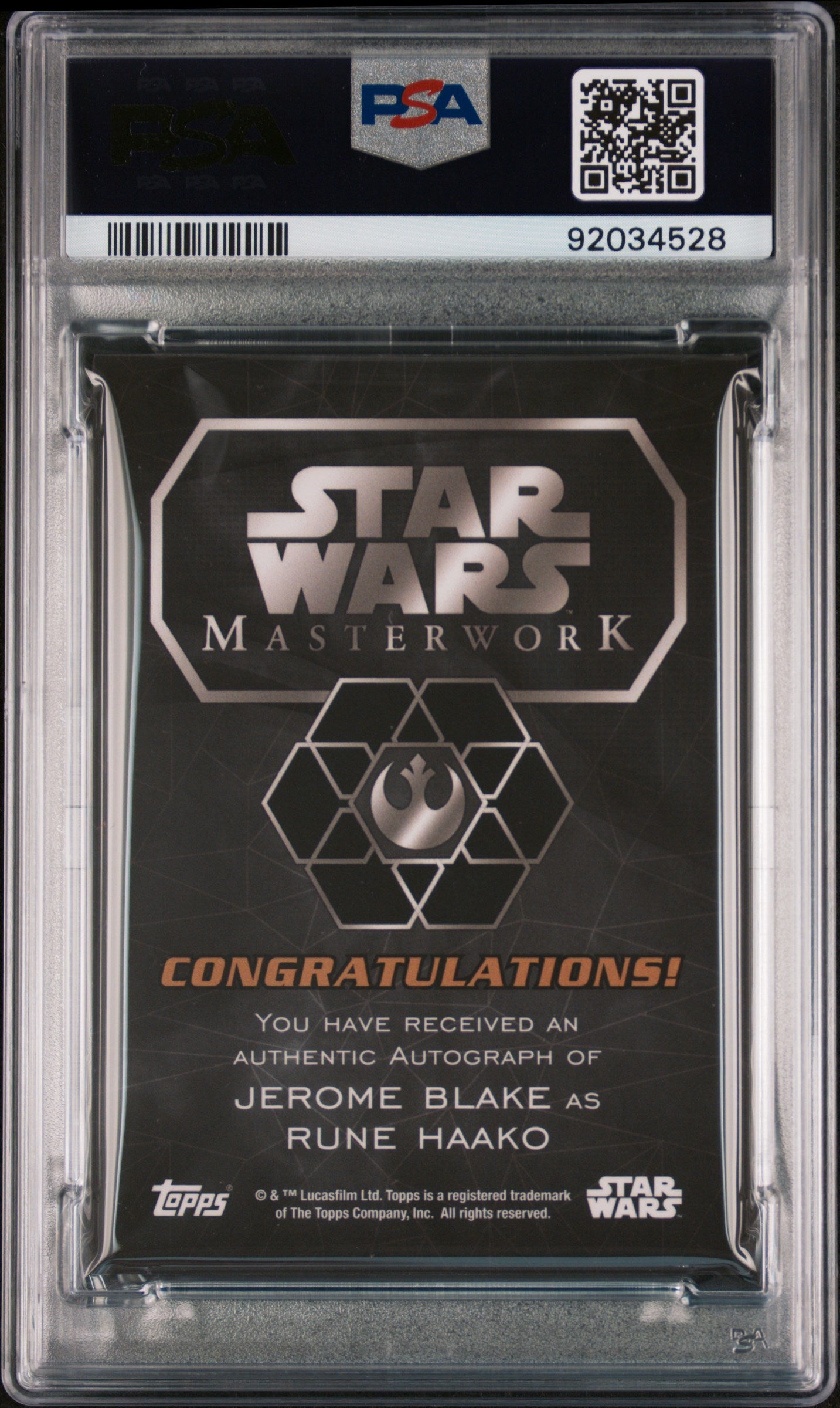 Jerome Blake RUNE HAAKO 2016 Topps Star Wars Masterwork AUTO PSA 9