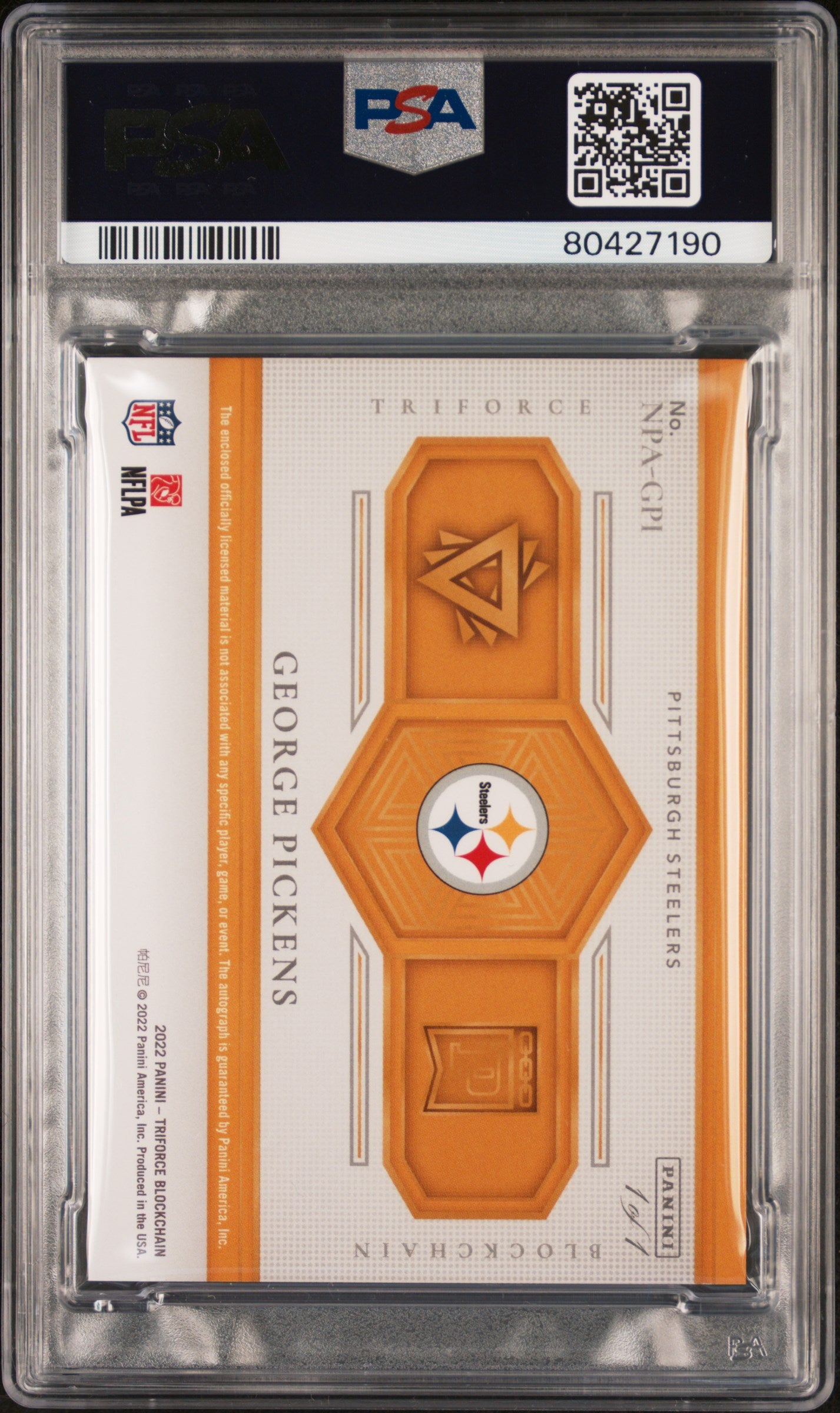 2022 Panini Triforce Blockchain George Pickens NFL Shield Prime Auto PSA 9 #1/1