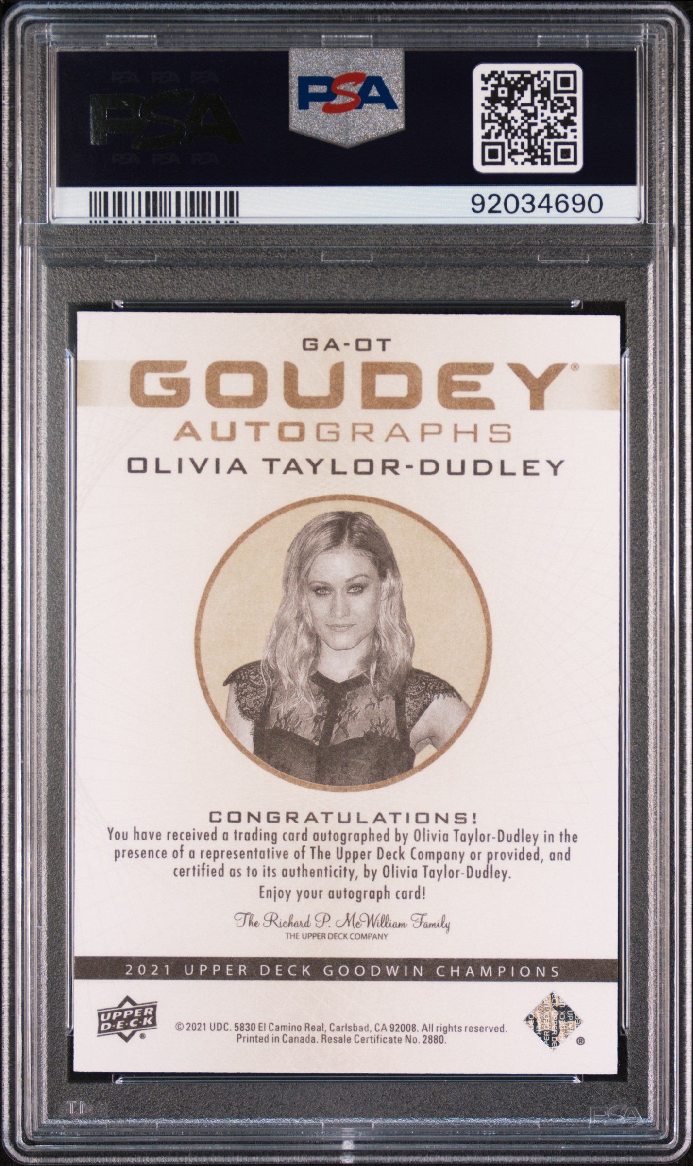 2021 Upper Deck Goodwin Champions Goudey AUTO Olivia Taylor-Dudley #OT PSA 10