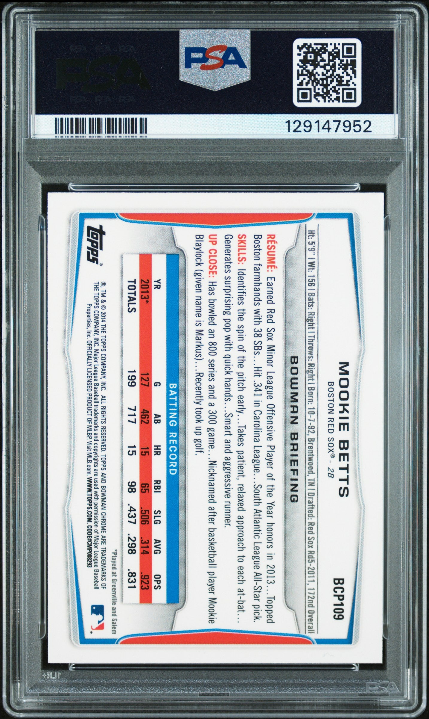 2014 Bowman Prospects Mookie Betts #BCP109 Chrome PSA 9