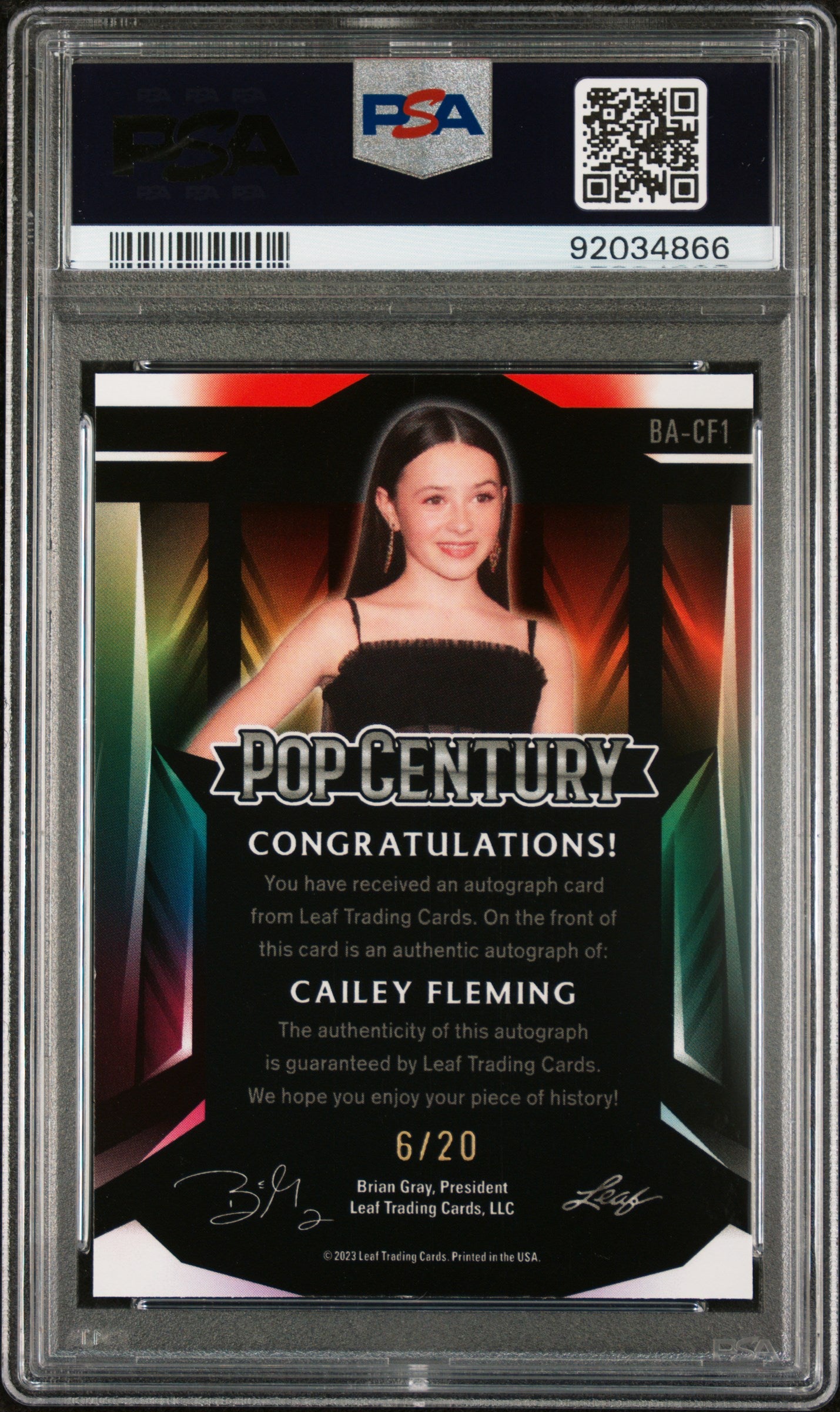 Cailey Fleming 2023 Leaf Metal Pop Century Autograph AUTO #6/20 Blue PSA 10