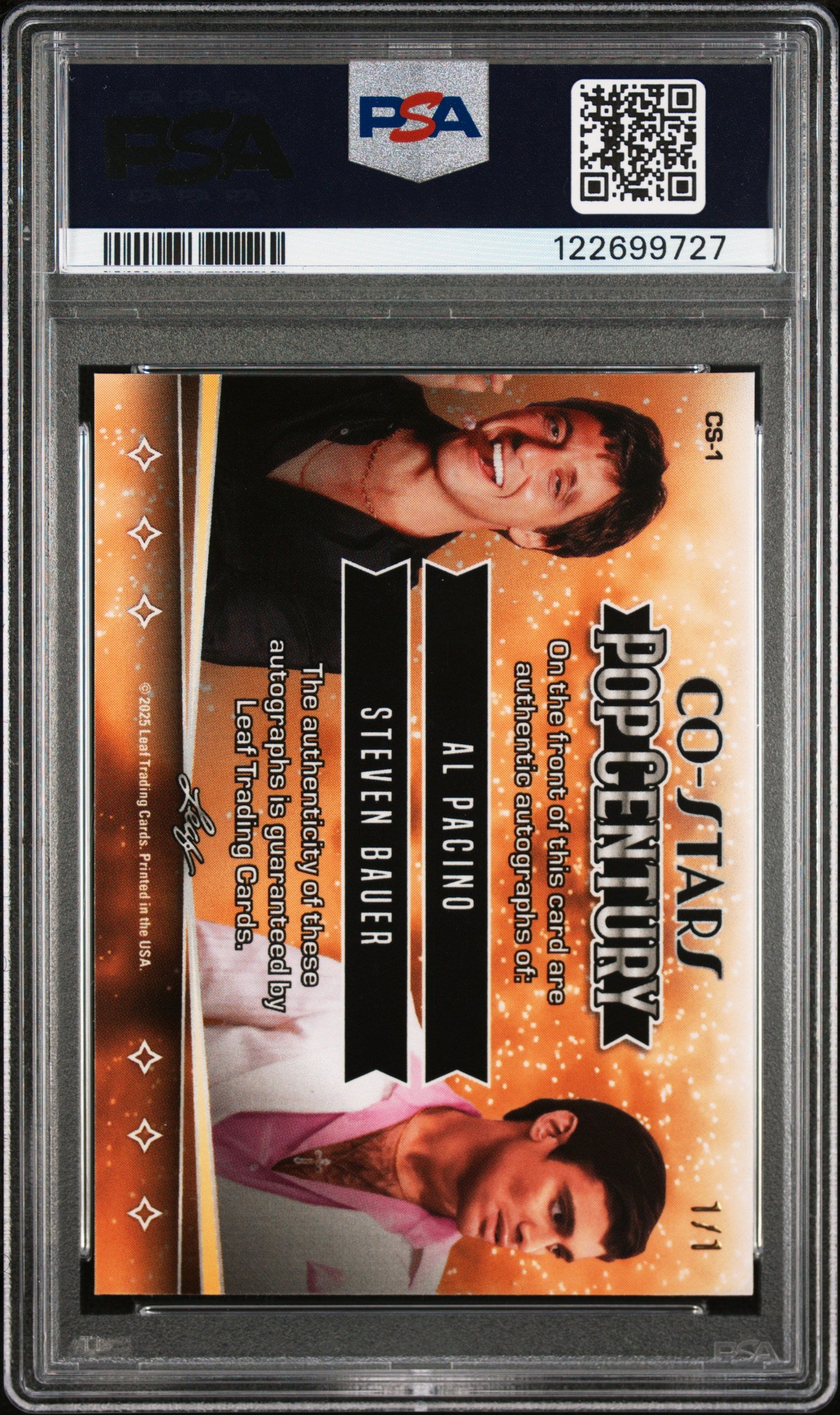 Al Pacino Steven Bauer 2025 Leaf Metal Pop Century AUTO #1/1 Blue Shimmer PSA 10