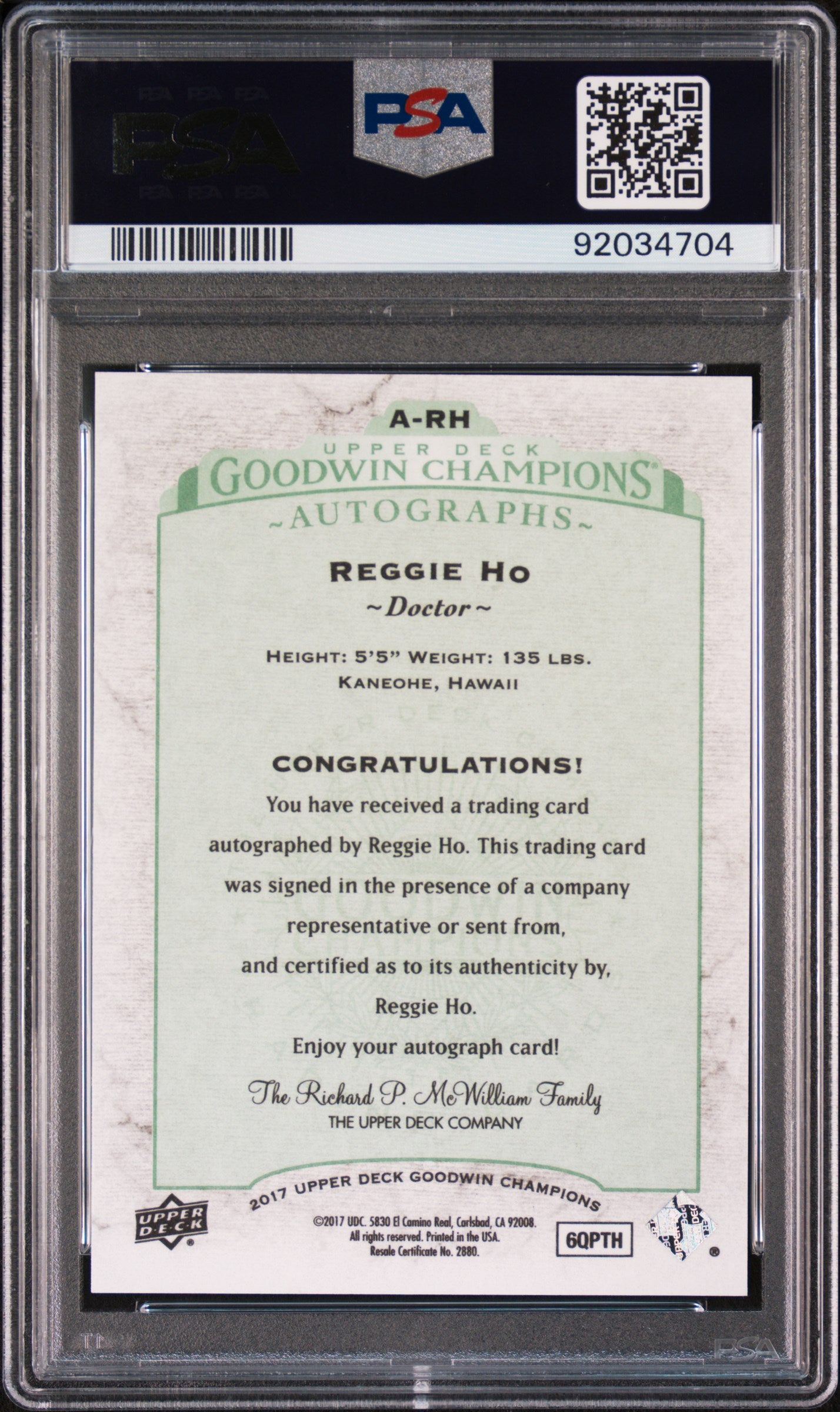 2017 Upper Deck Goodwin Champions Autograph Reggie Ho #ARH AUTO PSA 9