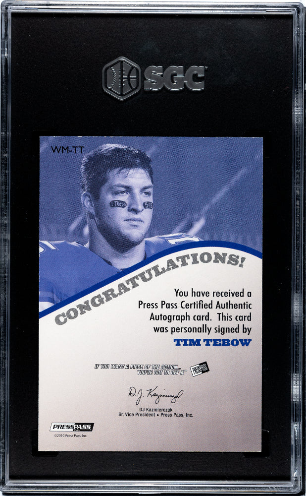 2010 Press Pass Tim Tebow #WM-TT Wal Mart Exclusive AUTO #8/25 Rookie SGC 8.5