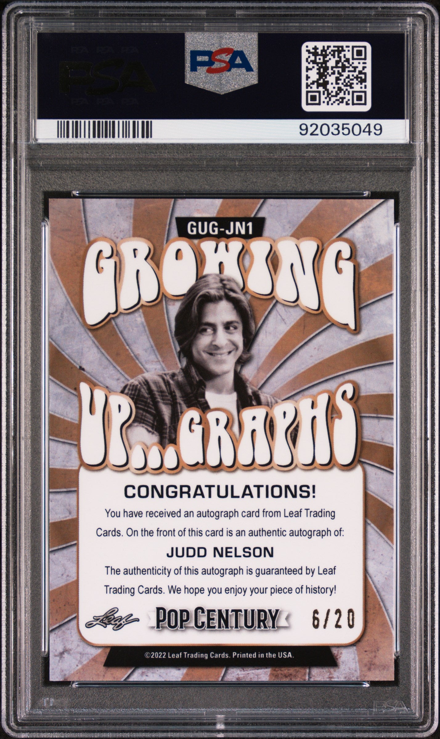 Judd Nelson 2022 Leaf Metal Pop Century AUTO #6/20 Silver Wave PSA 10