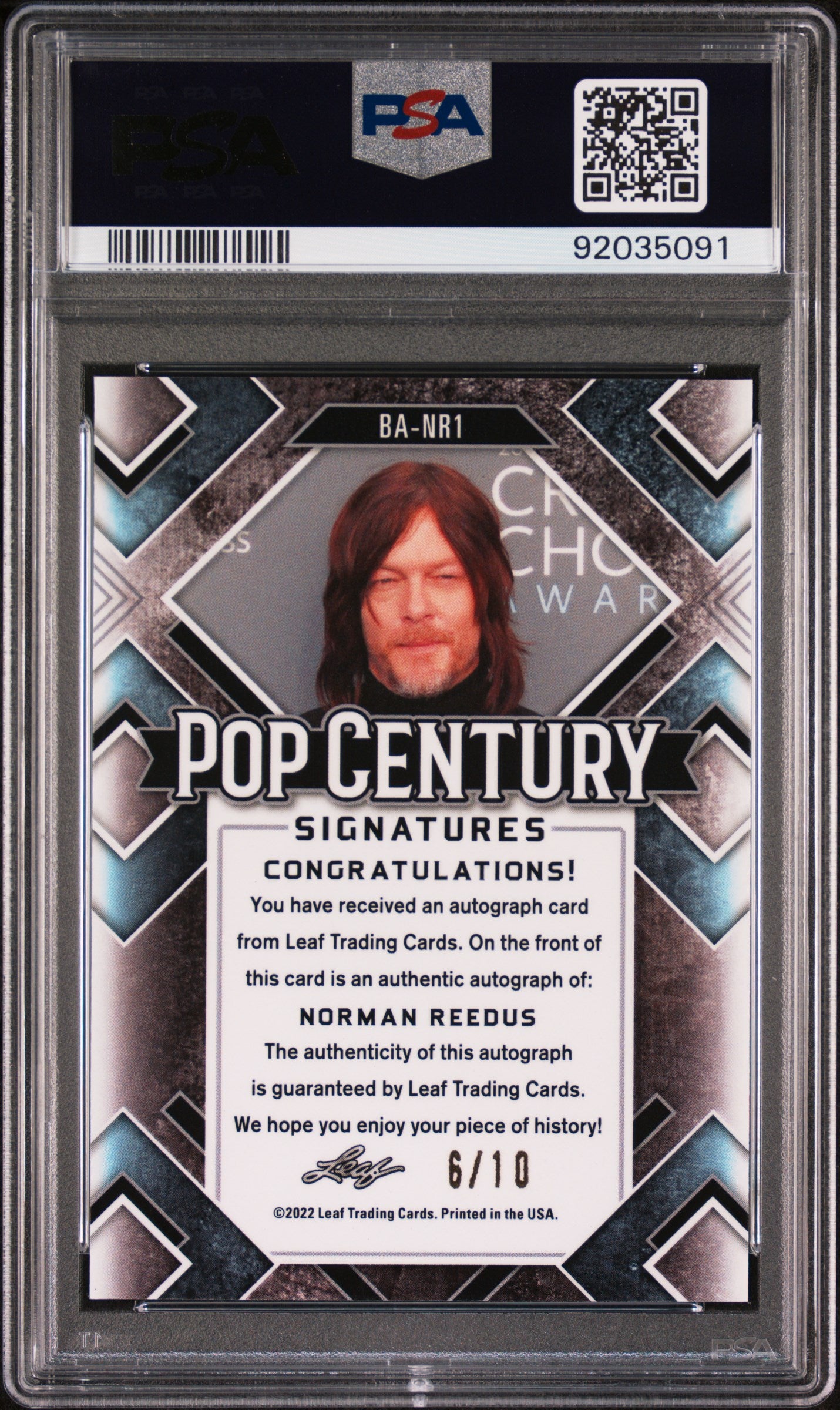 Norman Reedus 2022 Leaf Metal Pop Century Autograph AUTO #/10 Purple Mojo PSA 9