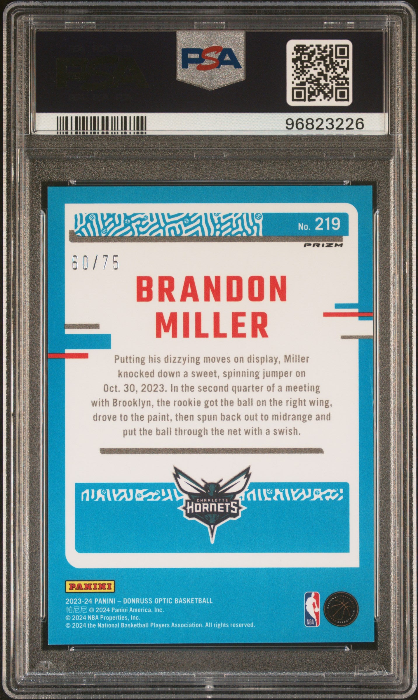 2023 Panini Donruss Optic Brandon Miller 60/75 Fast Break Red PSA 9 Rookie