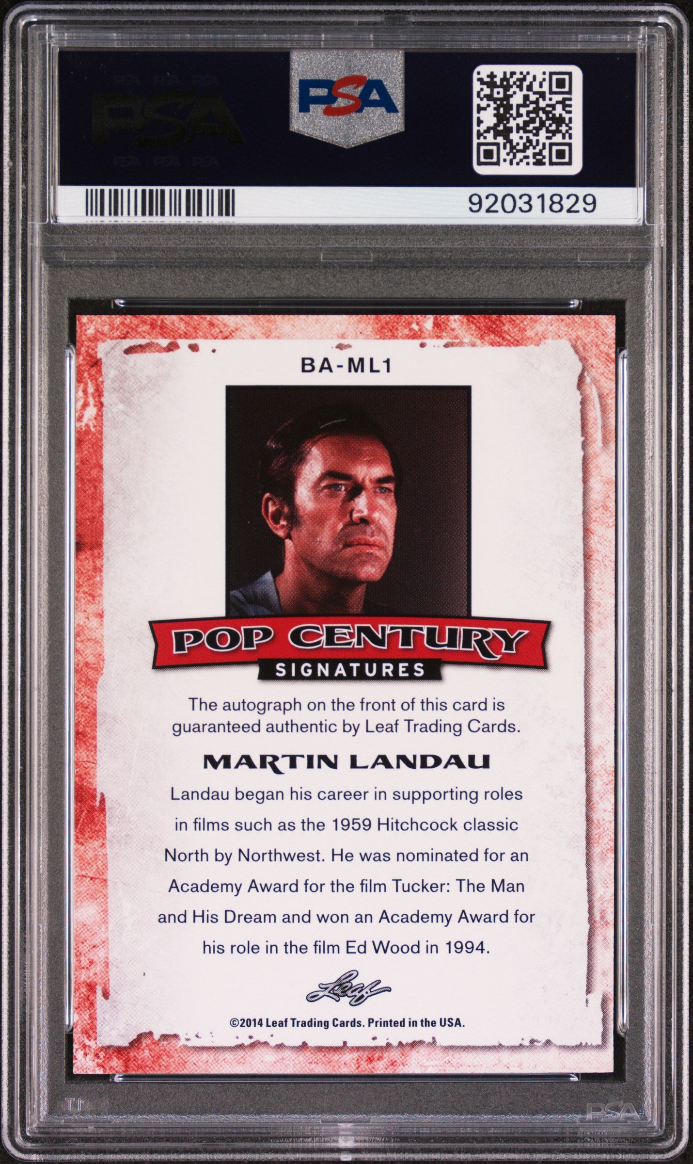 Martin Landau 2014 Leaf Pop Century Autograph AUTO PSA 9