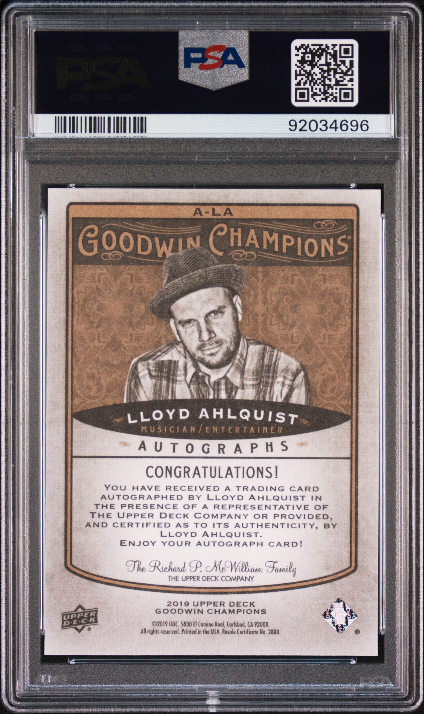 2019 Upper Deck Goodwin Champions Autograph Lloyd Ahlquist #A-LA AUTO PSA 10