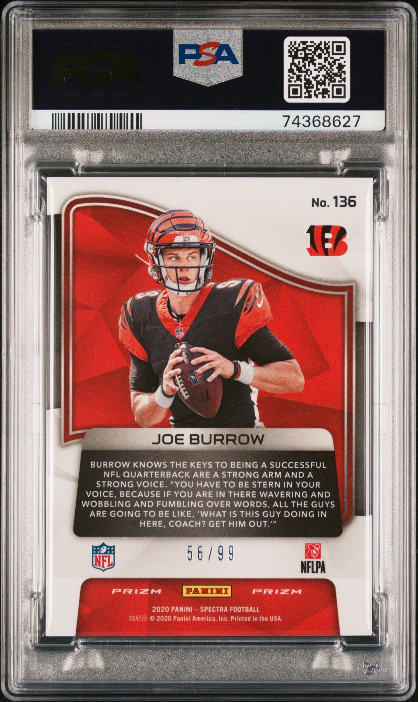 2020 Panini Spectra Joe Burrow #136 Rookie #56/99 PSA 9