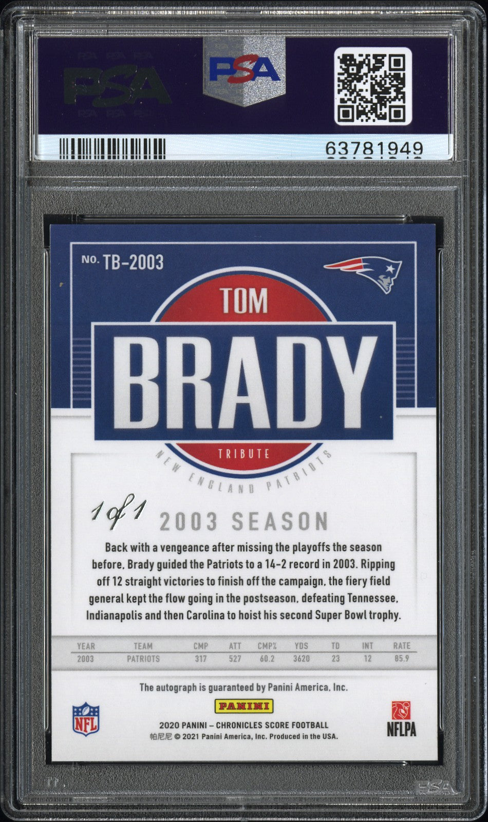 2020 Panini Chronicles Tom Brady Score Tribute 2000-2019 AUTO #1/1  PSA Auth