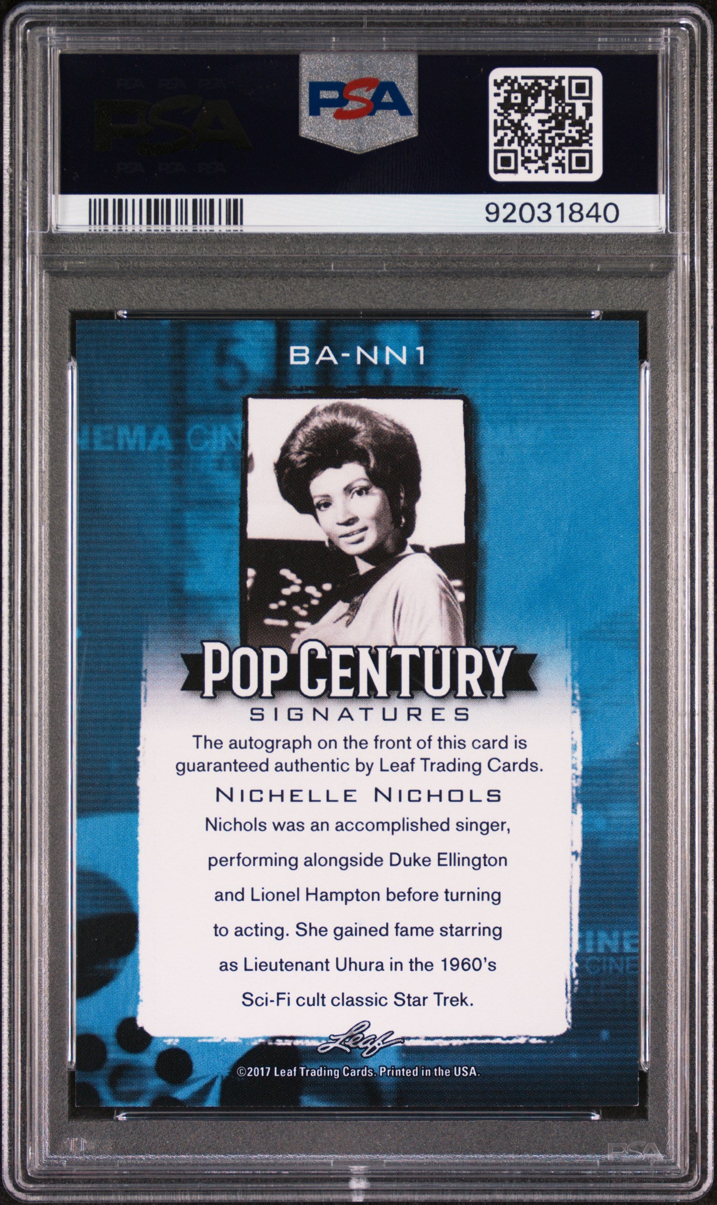 Nichelle Nichols 2017 Leaf Pop Century Autograph AUTO PSA 9