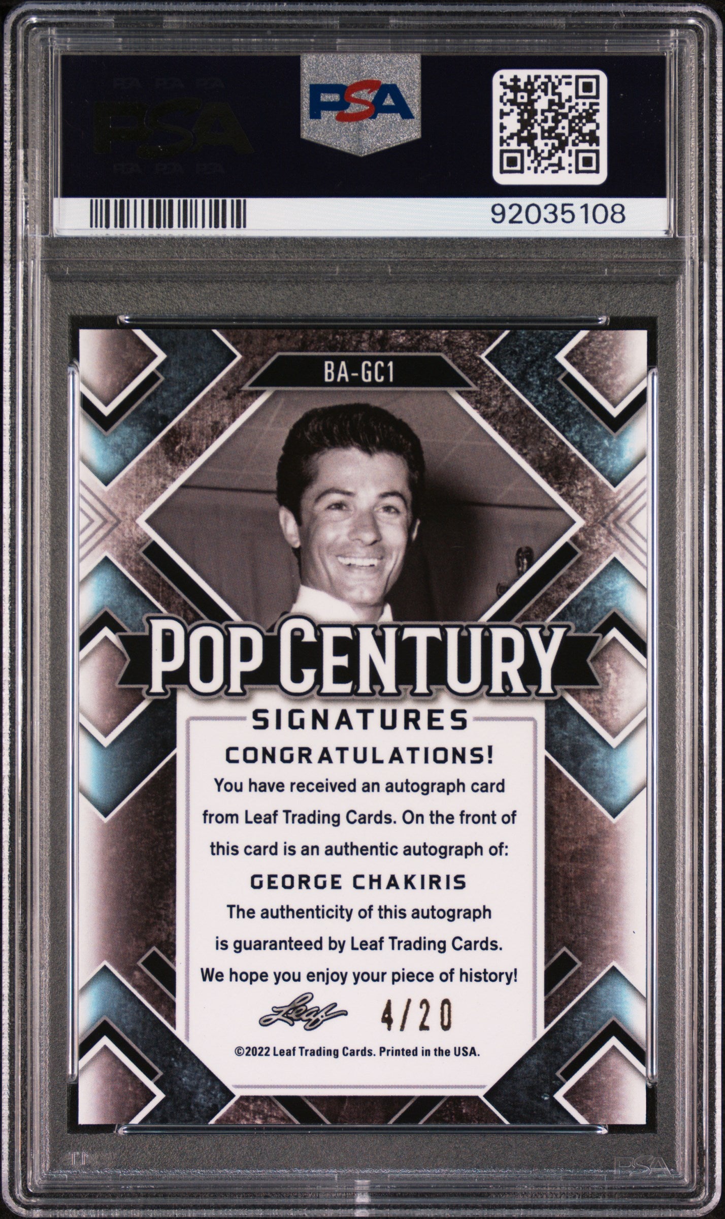 George Chakiris 2022 Leaf Metal Pop Century AUTO #4/20 Purple Wave PSA 9