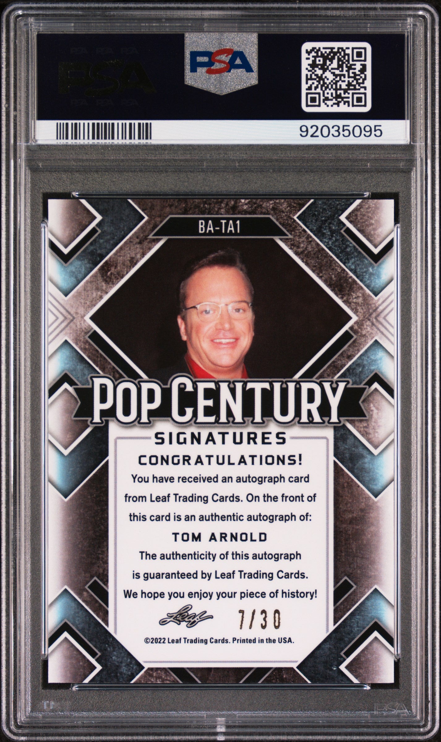 Tom Arnold 2022 Leaf Metal Pop Century Autograph AUTO Silver Wave #7/30 PSA 9