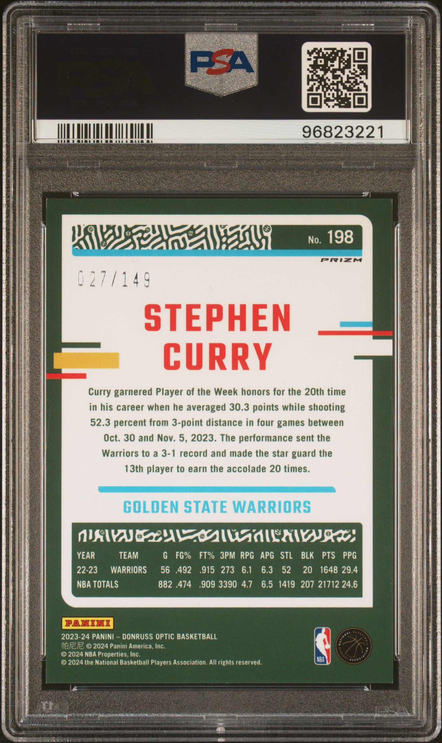 2023 Panini Donruss Optic Stephen Curry #198 Lime Green PSA 9 #27/149