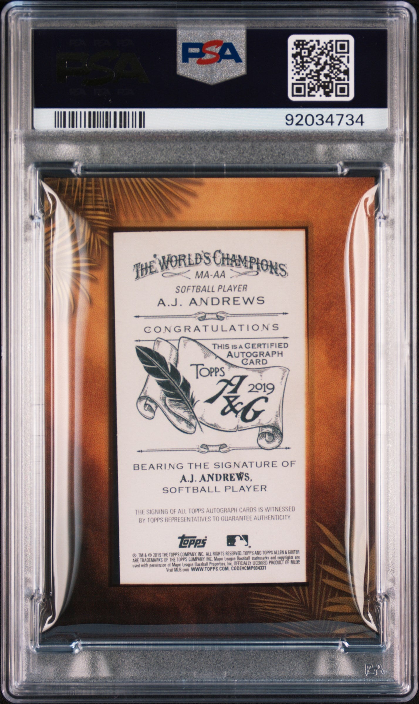 2019 Topps Allen & Ginter Mini Non-Baseball Autograph A. J. Andrews AUTO PSA 10