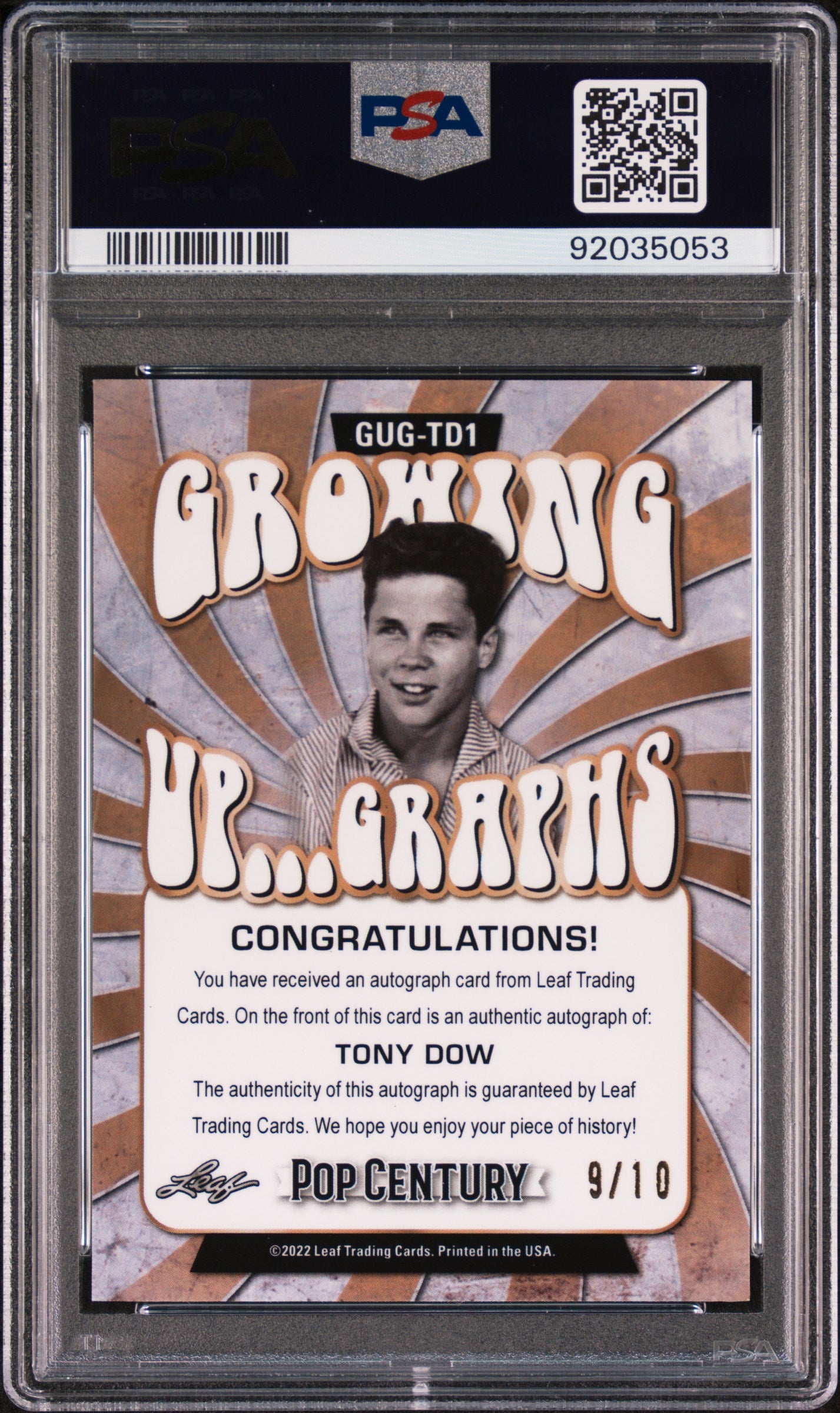 Tony Dow 2022 Leaf Metal Pop Century Growing Up AUTO #9/10 Silver Mojo PSA 10