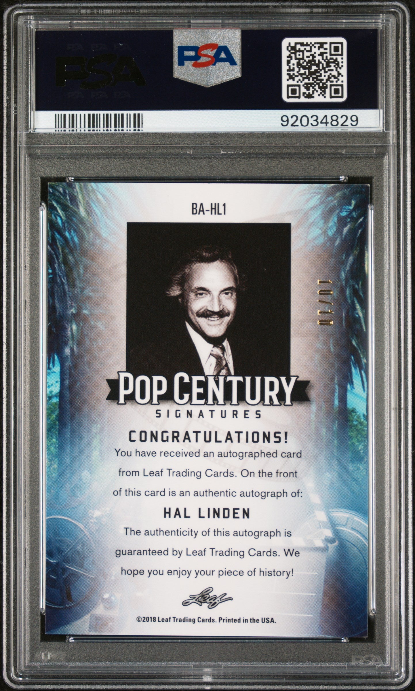 Hal Linden 2018 Leaf Pop Century Metal Signatures AUTO #10/10Green PSA 9