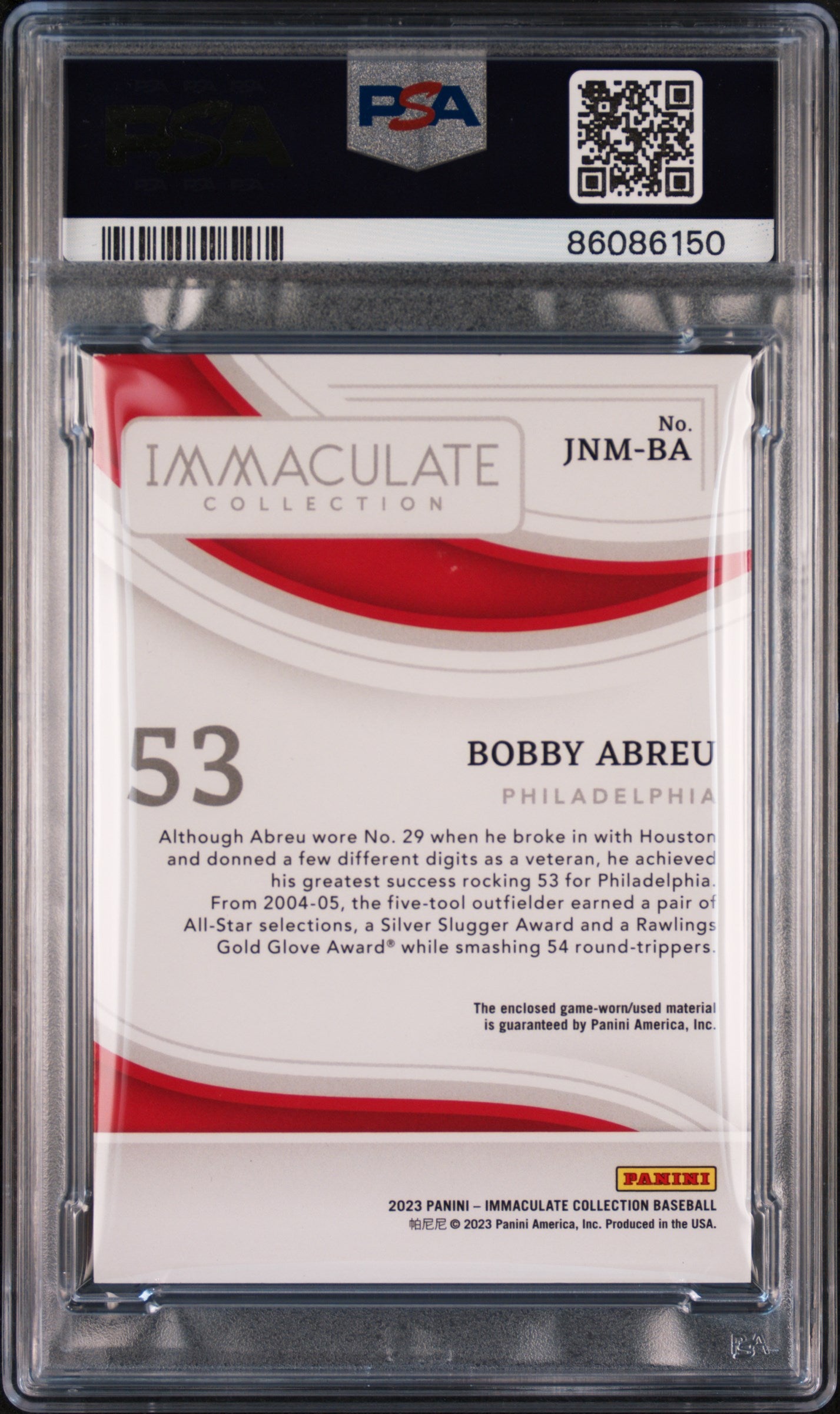 2023 Panini Immaculate Collection Jersey Numbers Bobby Abreu #10/10 Gold PSA 7