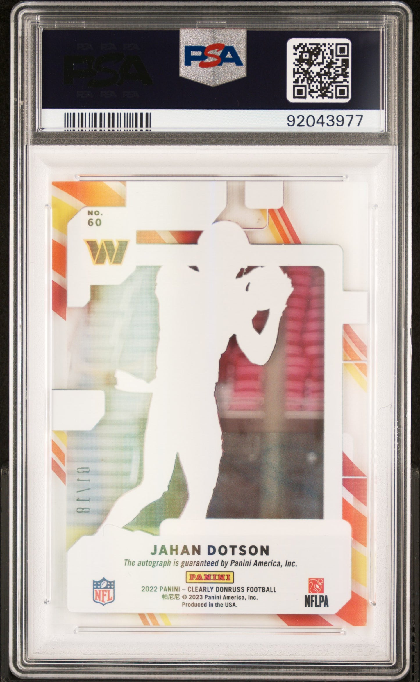 2022 Panini Clearly Donruss Jahan Dotson AUTO #1/18 (Jersey #) PSA 9