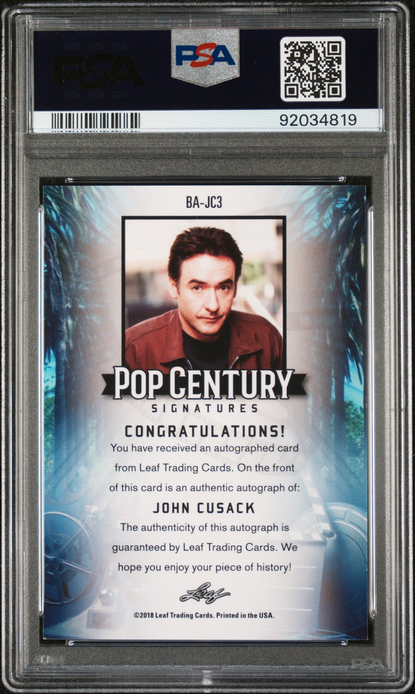 John Cusack 2018 Leaf Pop Century Metal Signatures AUTO PSA 9