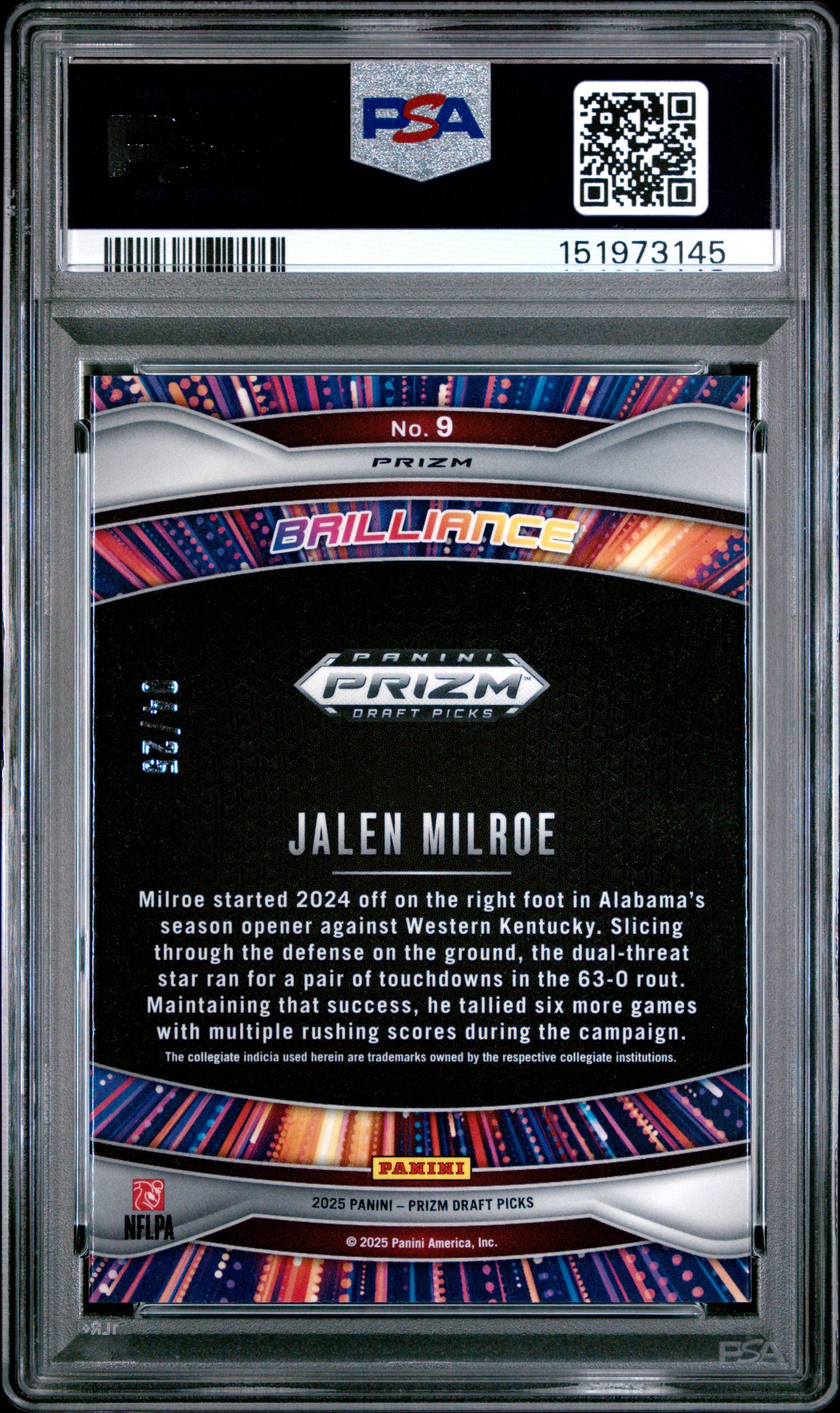 2025 Panini Prizm Draft Picks Brilliance Jalen Milroe #9 Mojo PSA 10 4/25 pop 2