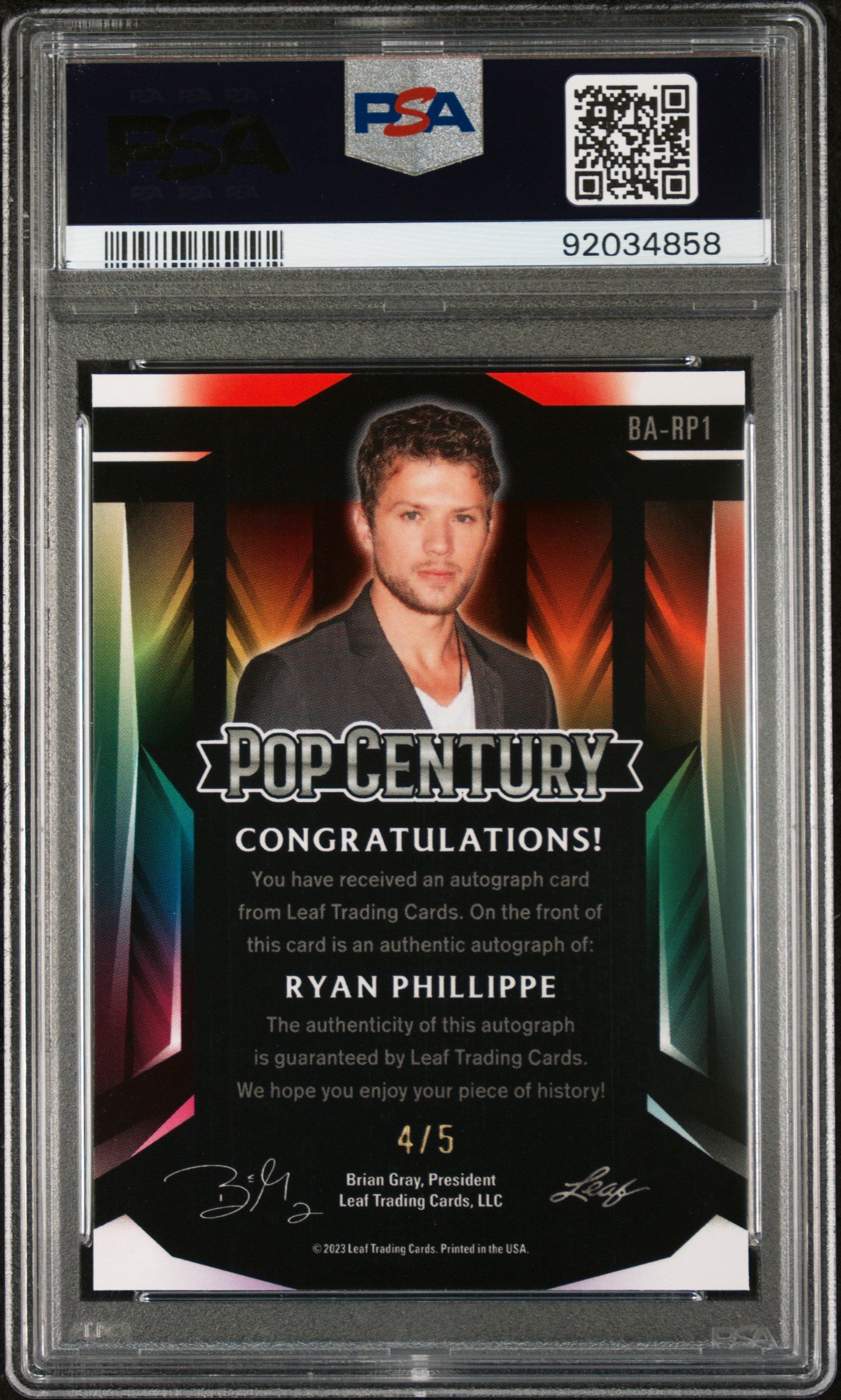 Ryan Phillippe 2023 Leaf Metal Pop Century Autograph Auto Pink #4/5 PSA 10