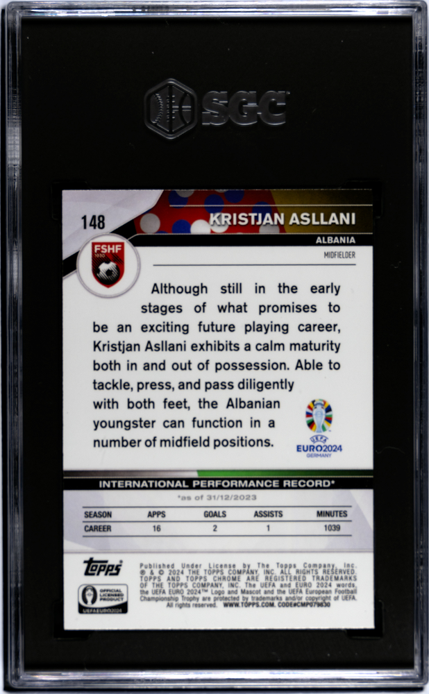 2024 Topps Chrome Uefa Euro Kristjan Asllani #148 Orange Refractor #23/25 SGC 10