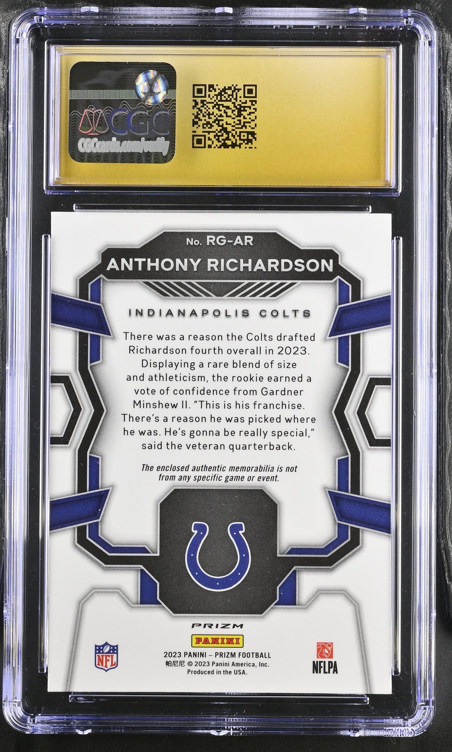 2023 Panini Prizm Anthony Richardson #RG-AR Pink Rookie Gear CGC 10 POP 1