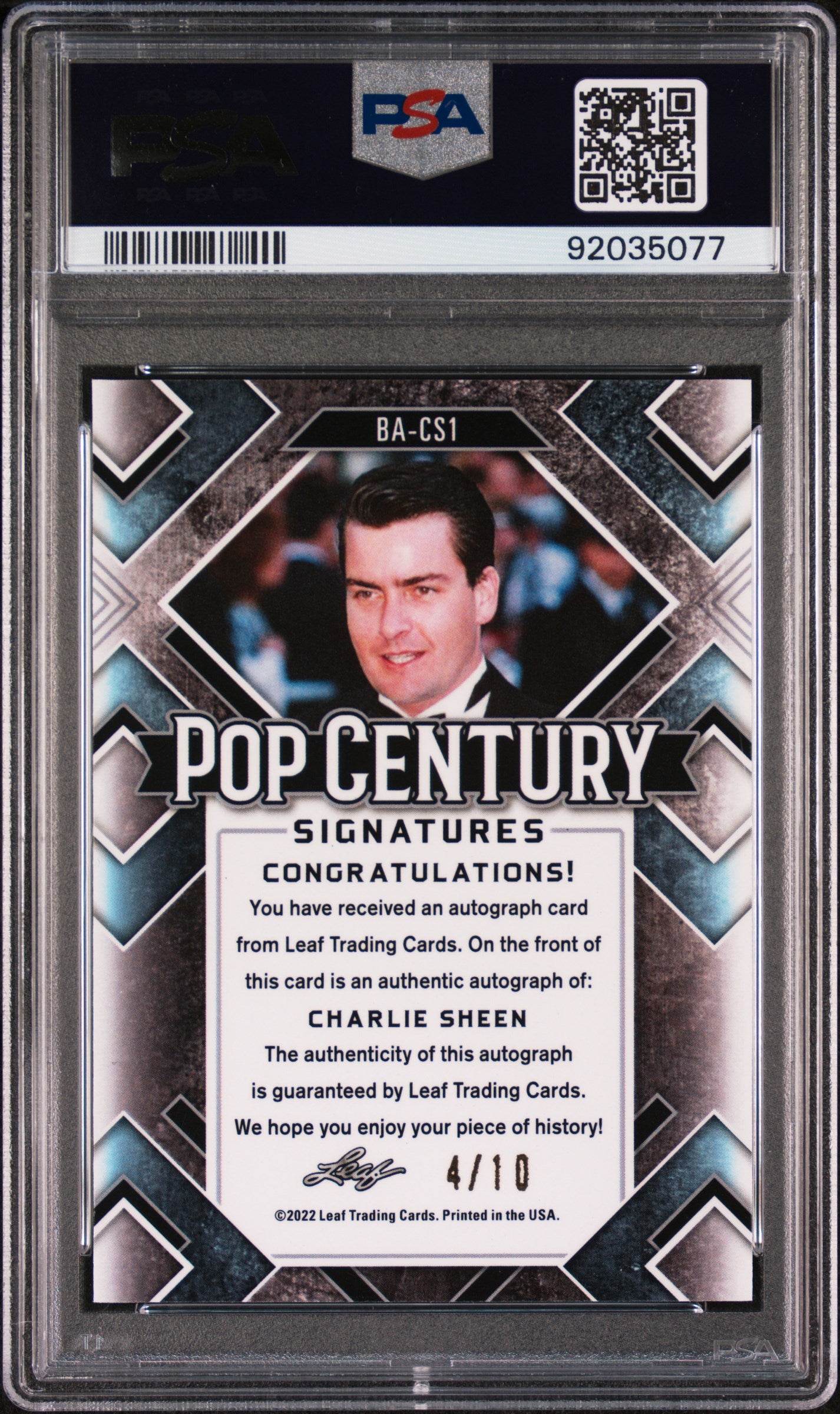 Charlie Sheen 2022 Leaf Metal Pop Century Autograph AUTO #/10 Silver Mojo PSA 10