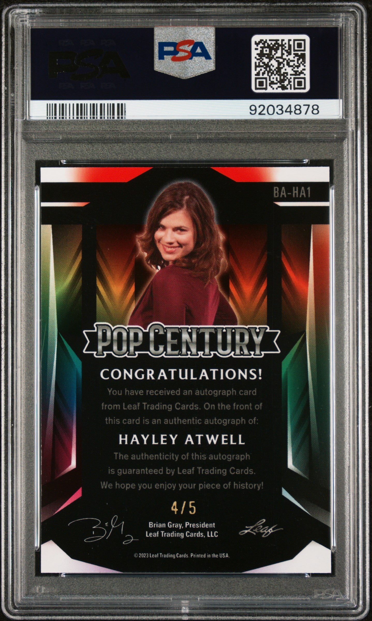 Hayley Atwell 2023 Leaf Metal Pop Century Autograph AUTO #4/5 Black PSA 10