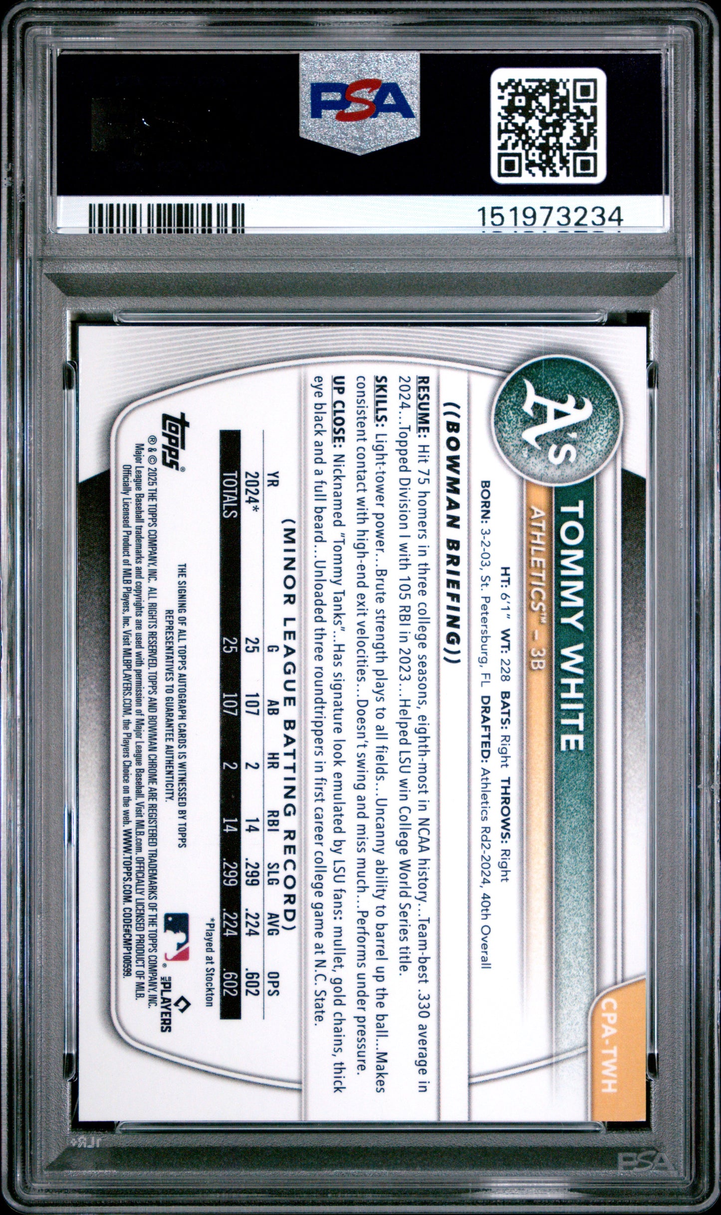 2025 Bowman Chrome Prospect Auto Tommy White #CPATWH Hta Choice 002/150 PSA 10