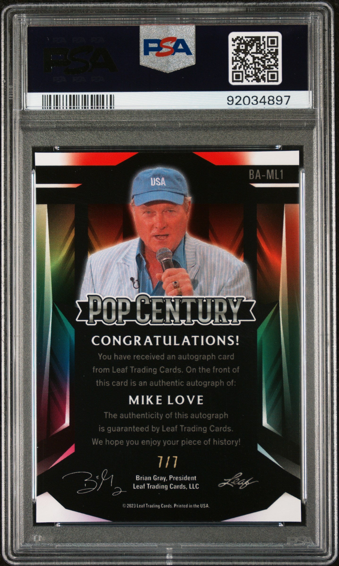 Mike Love 2023 Leaf Metal Pop Century Autograph AUTO #7/7 Blue Wave PSA 10