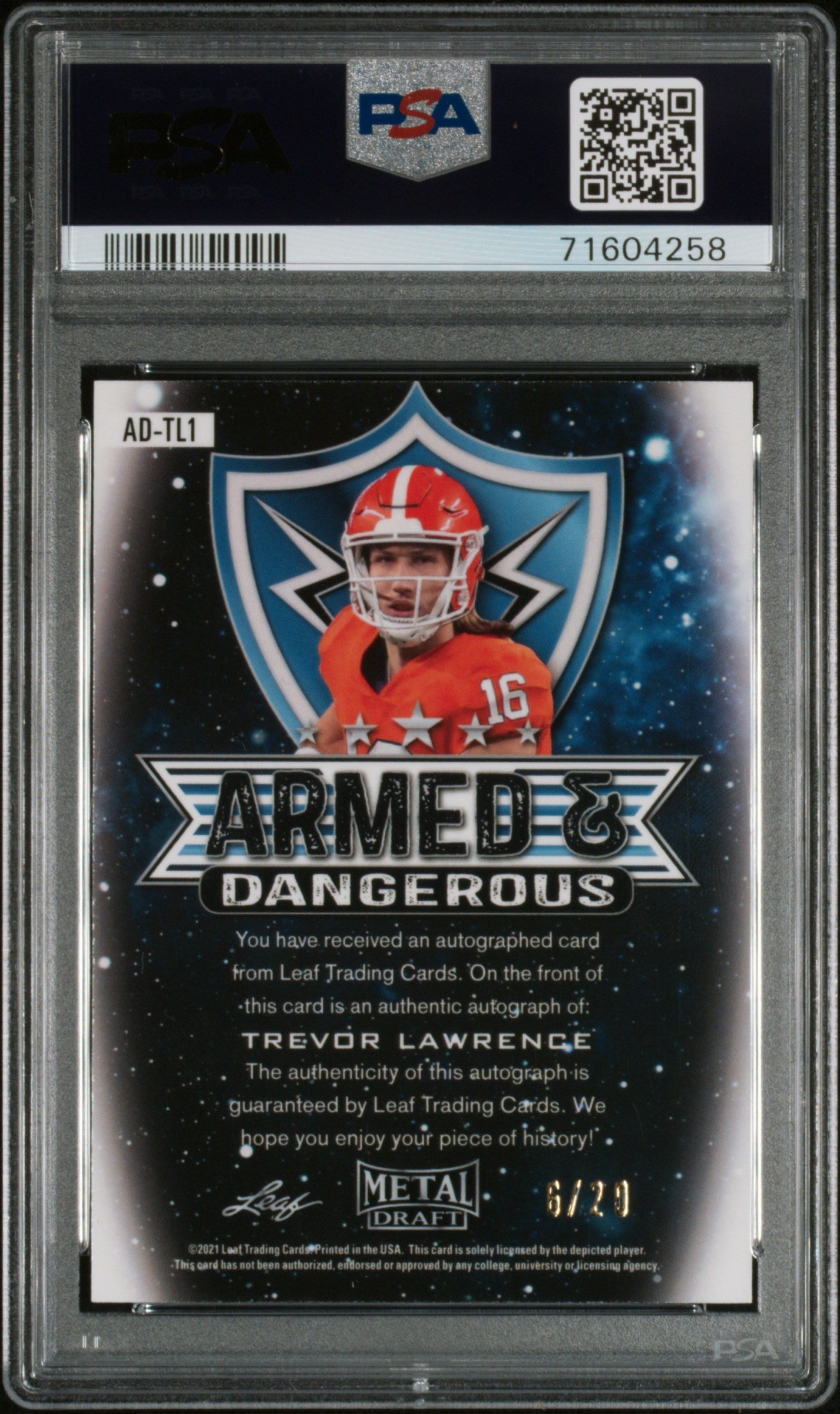 Trevor Lawrence 2021 Leaf Metal Draft Armed & Dangerous Auto #6/20 Purple PSA 10