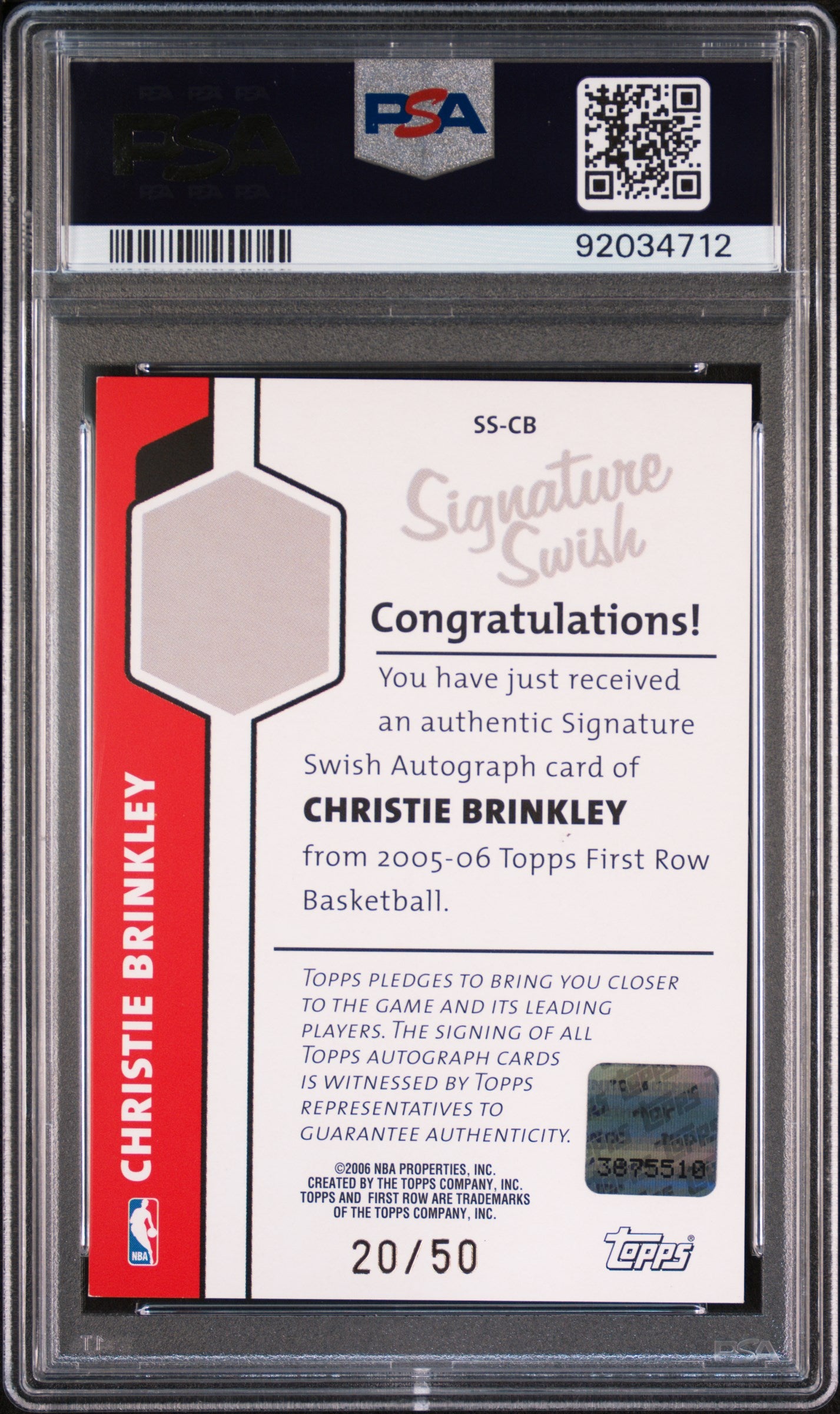 2005-06 Topps First Row Signature Swish Christie Brinkley AUTO #20/50 PSA 8