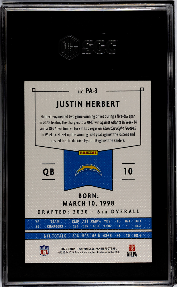 2020 Panini Chronicles Justin Herbert #PA-3 Pink SGC 10