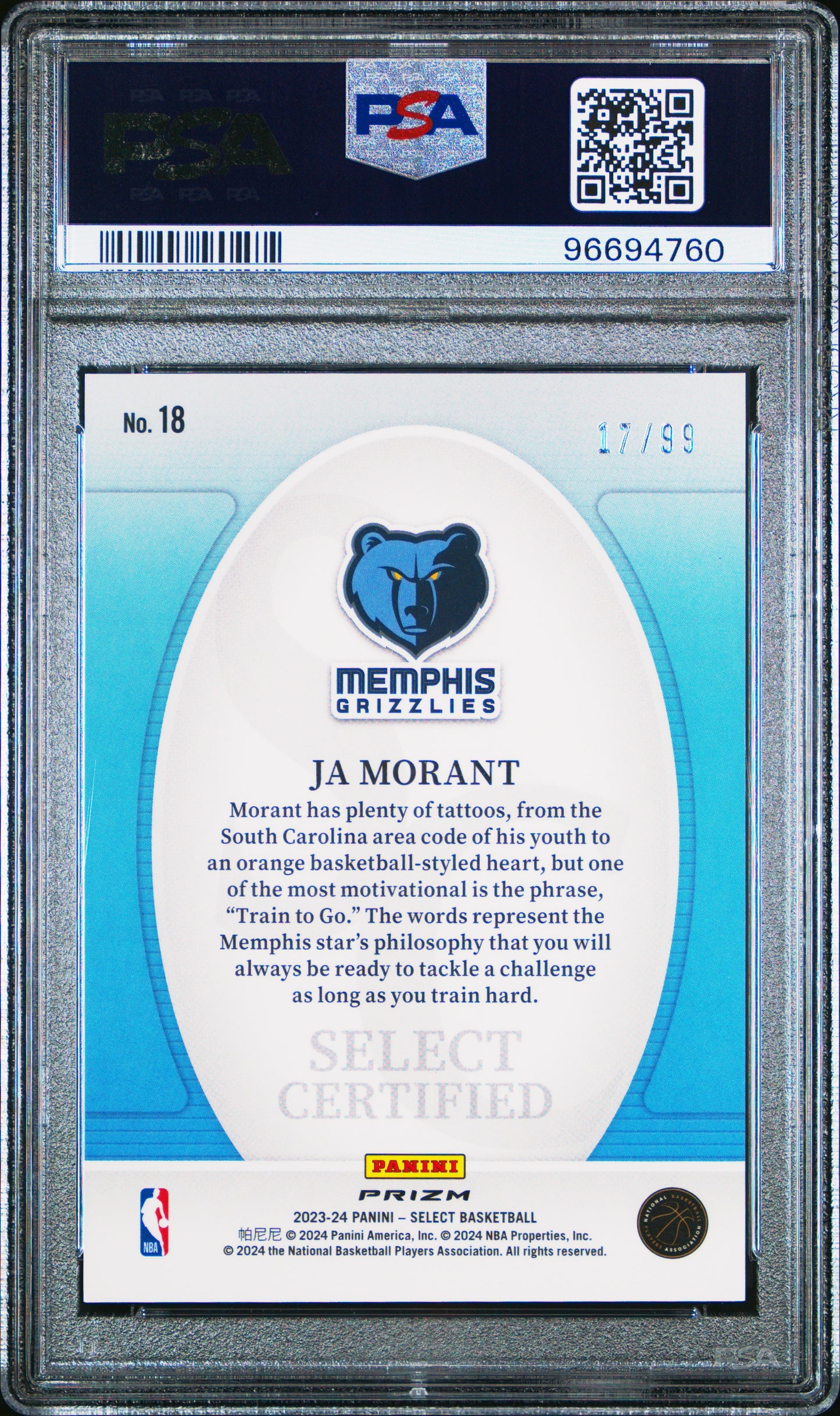 2023-24 Select Select Certified Ja Morant #18 Pink Cracked Ice PSA 10 #17/99