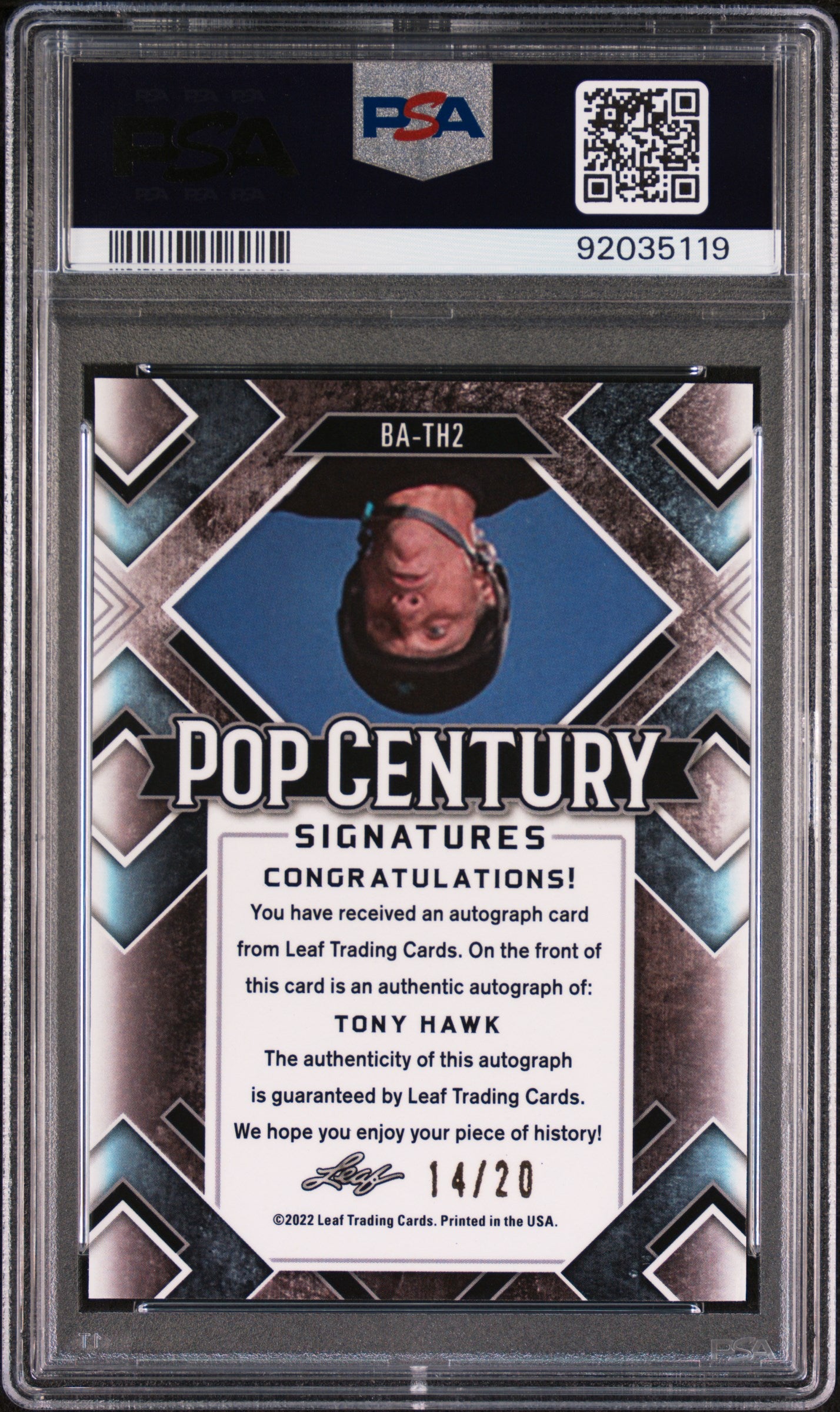 Tony Hawk 2022 Leaf Metal Pop Century Autograph AUTO #14/20 Blue Crystal PSA 10