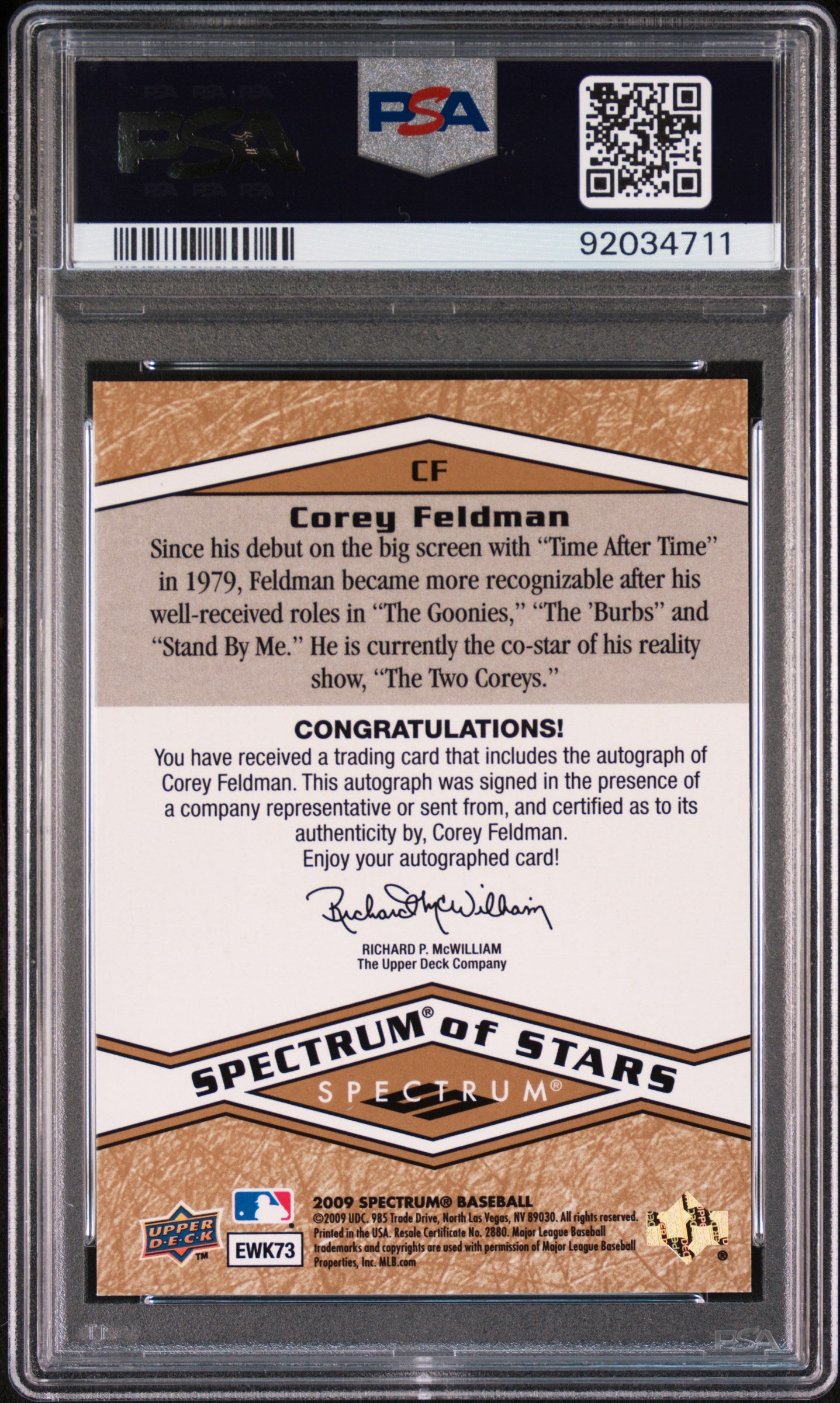 2009 Upper Deck Spectrum Of Stars Corey Feldman AUTO PSA 10