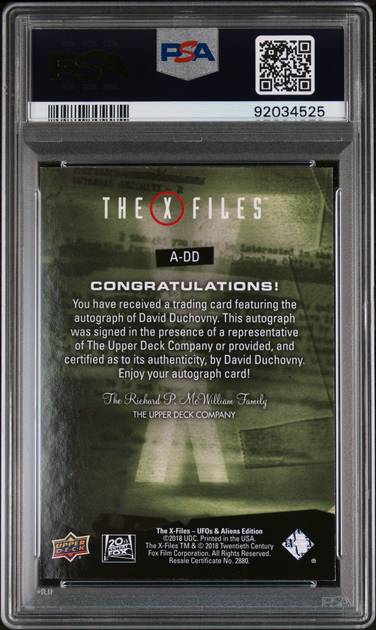 David Duchovny 2019 Upper Deck X-Files: Ufos & Aliens Paranormal AUTO PSA 8