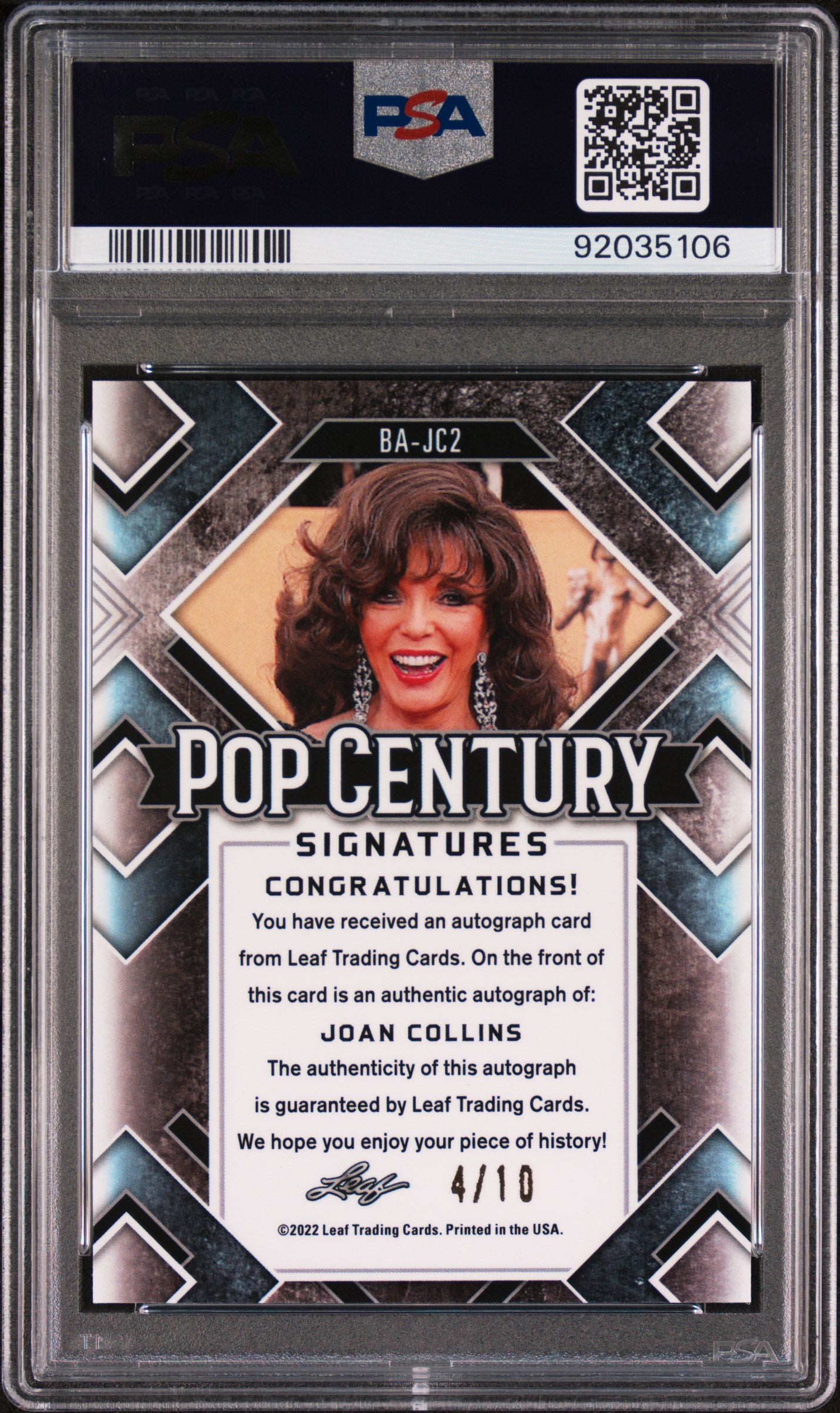 Joan Collins 2022 Leaf Metal Pop Century Autograph AUTO #4/10 Pink Wave PSA 10