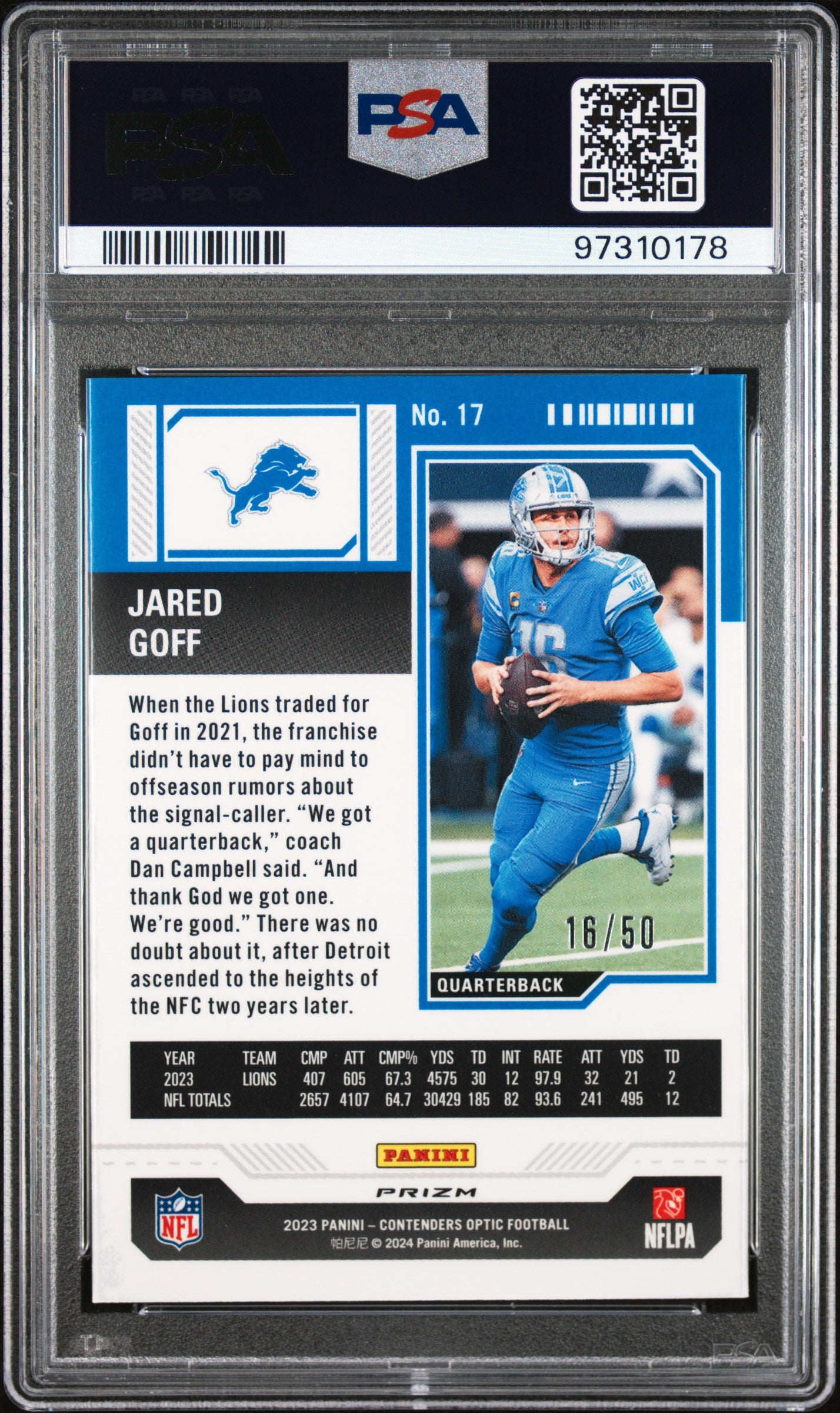 2023 Panini Contenders Optic Jared Goff #17 Orange #16/50 (Jersey Match) PSA 9