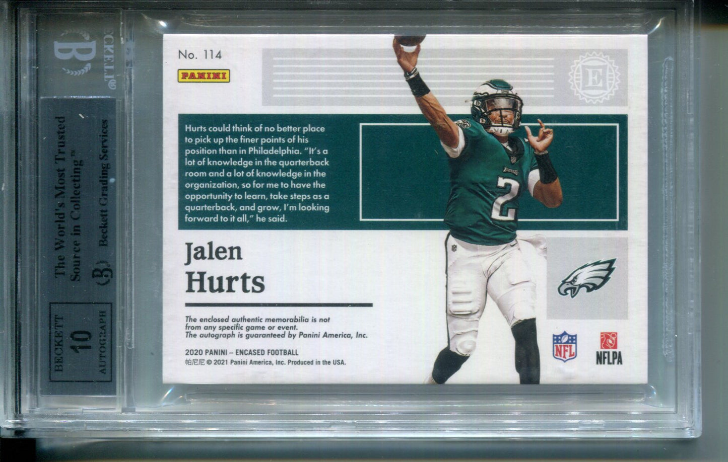 2020 Panini Encased Ruby Jalen Hurts HAT Patch AUTO #10/15 Rookie BGS 9