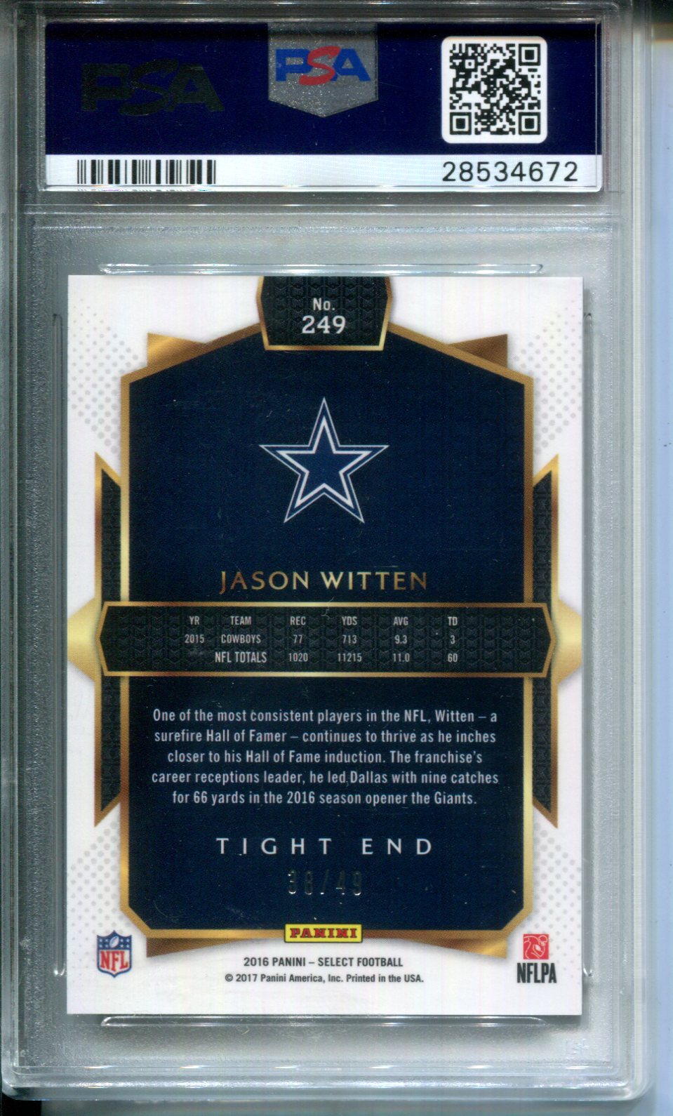 2016 Panini Select Jason Witten #249 Copper Prizm #38/49 PSA 10