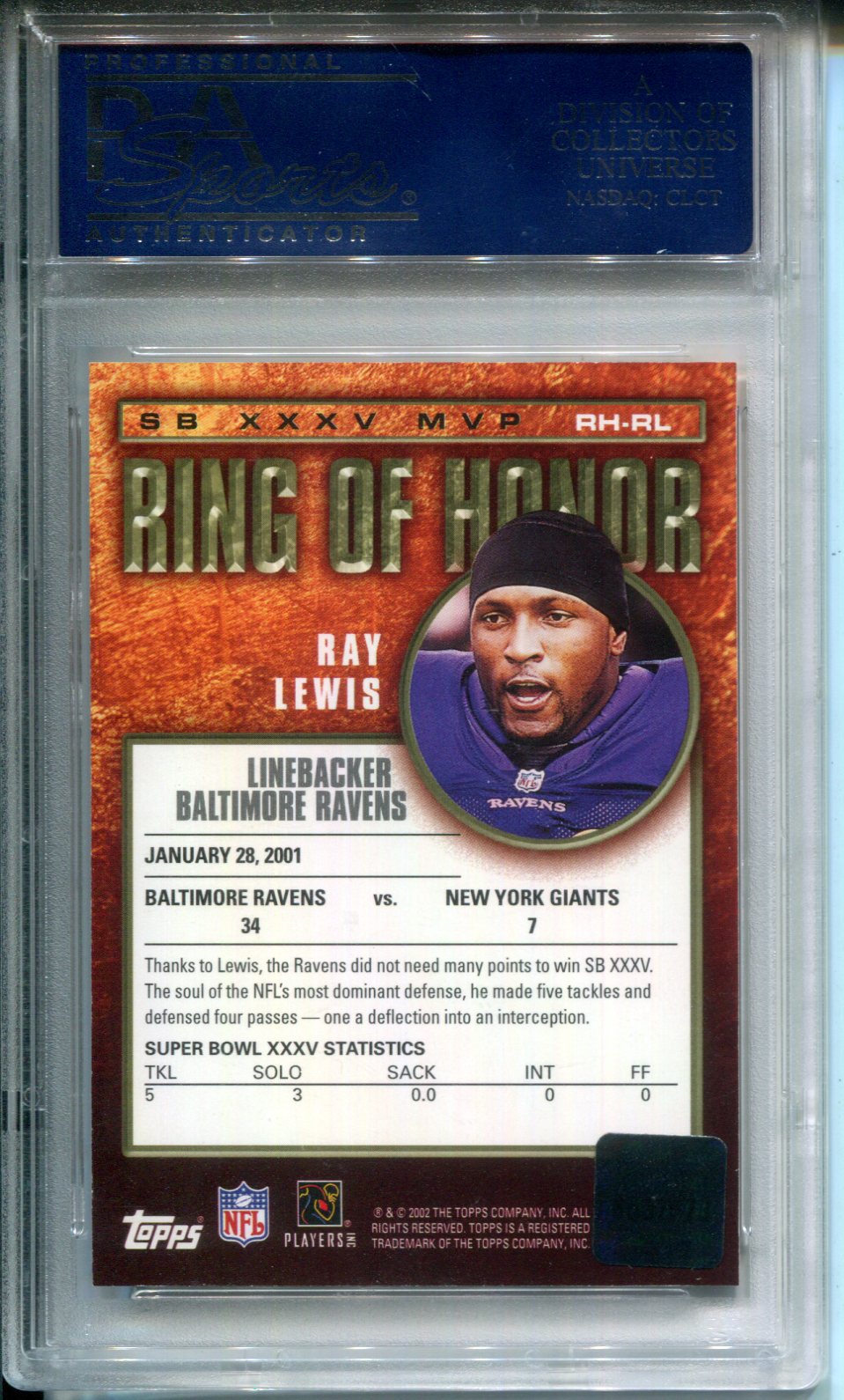 2002 Topps Ring Of Honor Ray Lewis #RHRL AUTO Autograph PSA 10 Low Pop