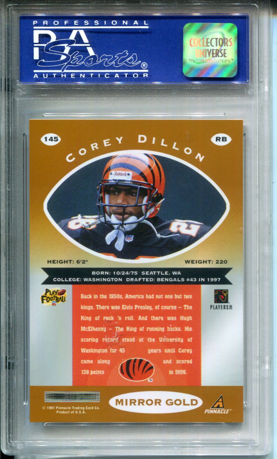 1997 Pinnacle Certified Corey Dillon #145 Mirror Gold Rookie PSA 9