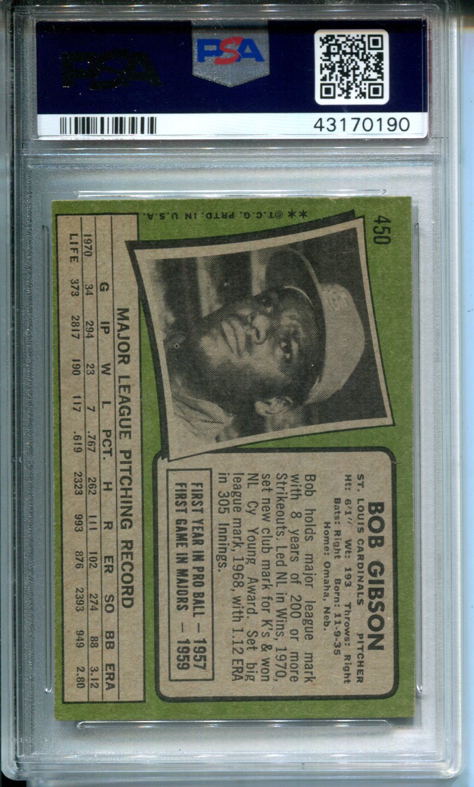 1971 Topps Bob Gibson #450 PSA 7